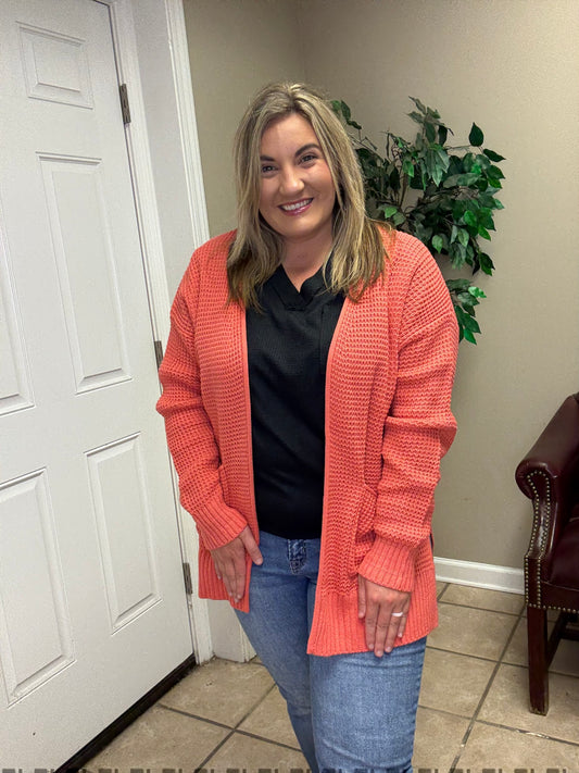 Plus Low Gauge Waffle Open Cardigan Sweater in Coral by Zenana