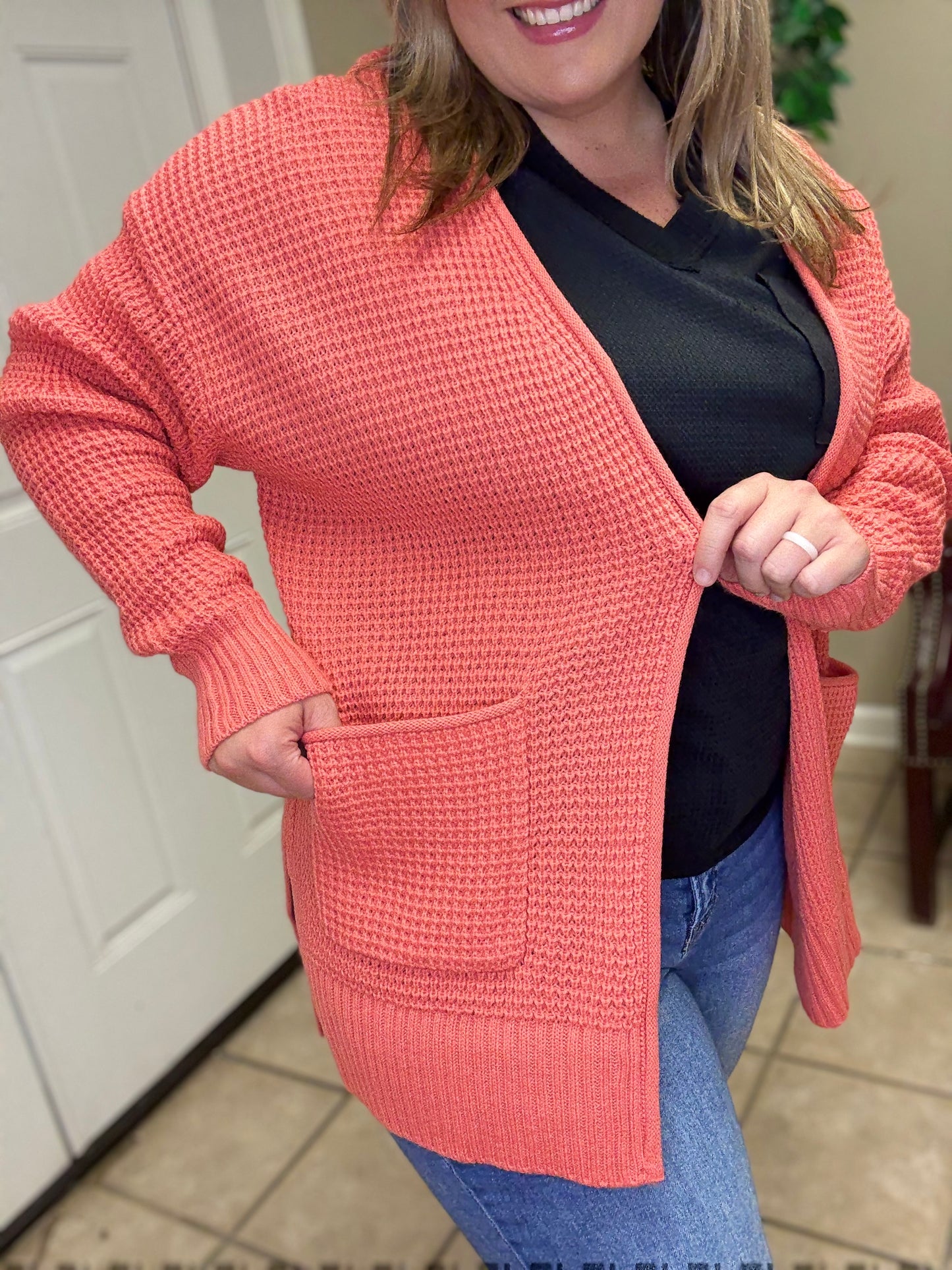 Plus Low Gauge Waffle Open Cardigan Sweater in Coral by Zenana