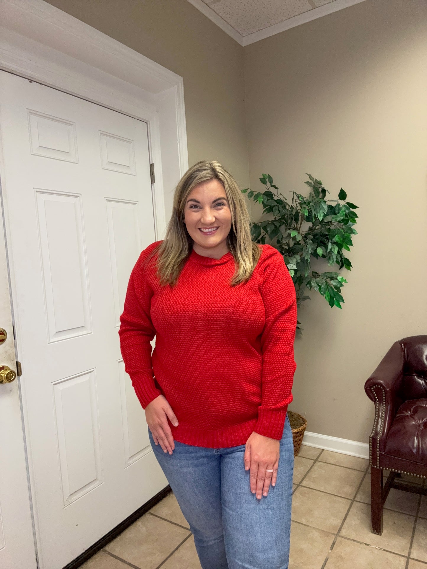 Red Round Neck Basic Sweater by Zenana