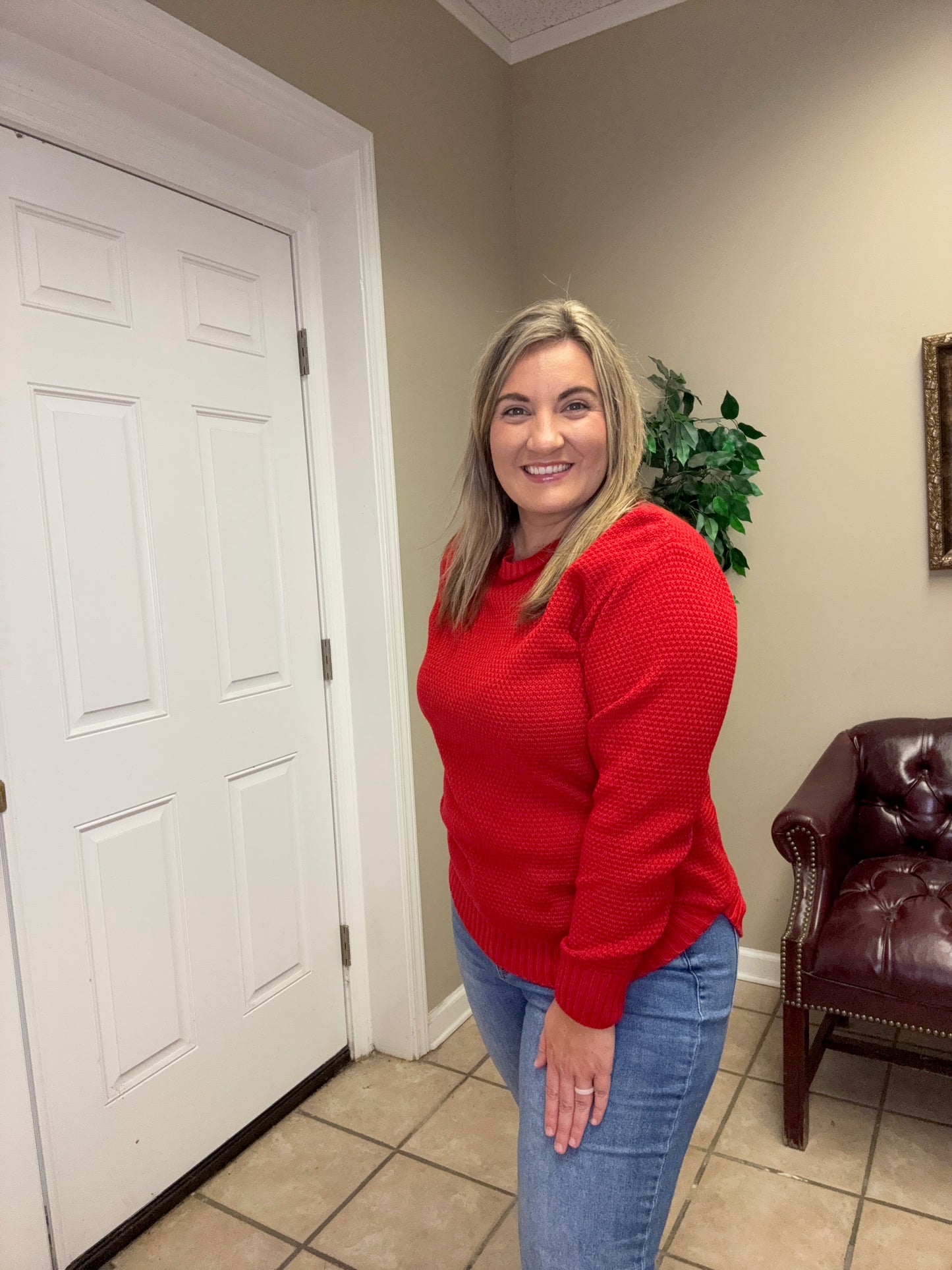Red Round Neck Basic Sweater by Zenana