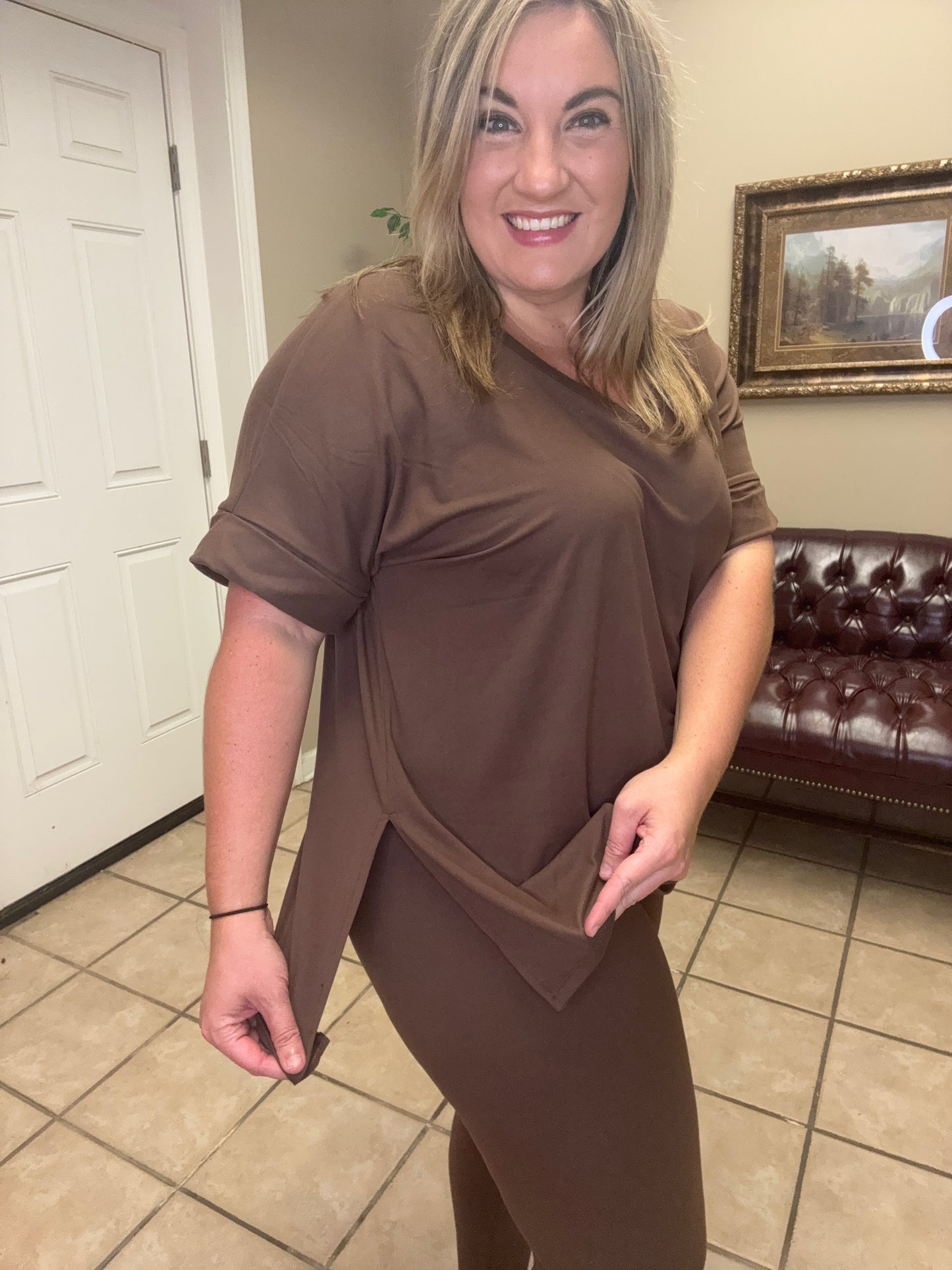 Plus Brushed DTY Microfiber Leggings Set by Zenana in Brown