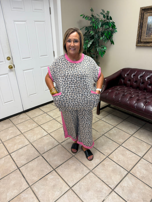 Leopard print terry top and pants set