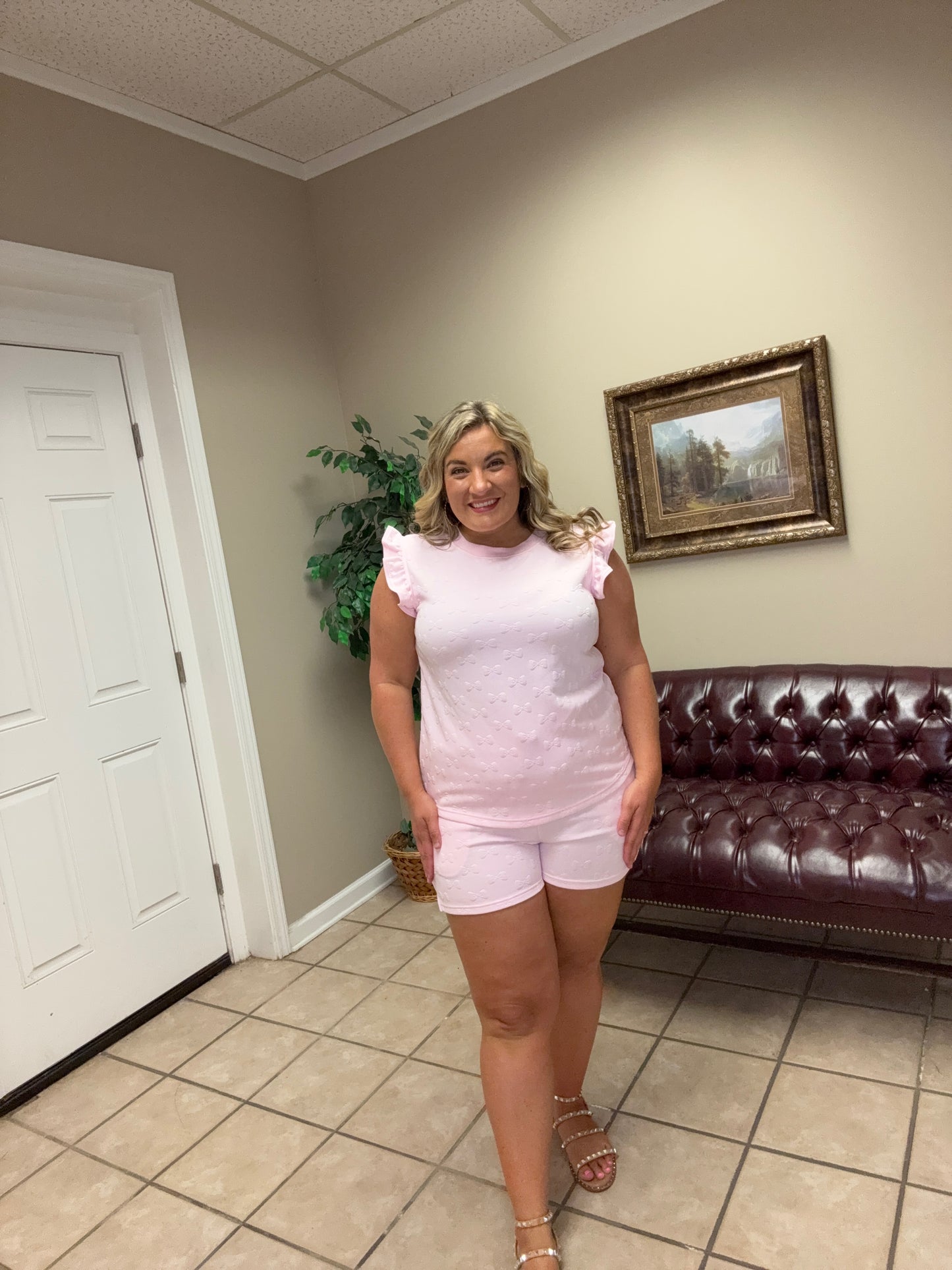 Pink Bow Ruffle Sleeve Short Set