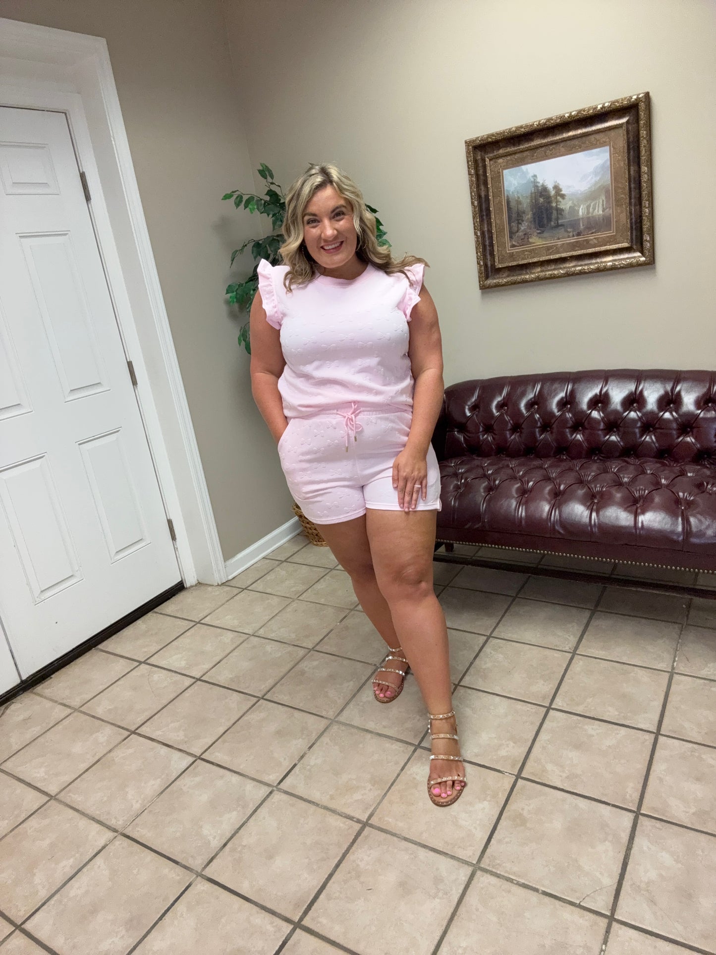 Pink Bow Ruffle Sleeve Short Set