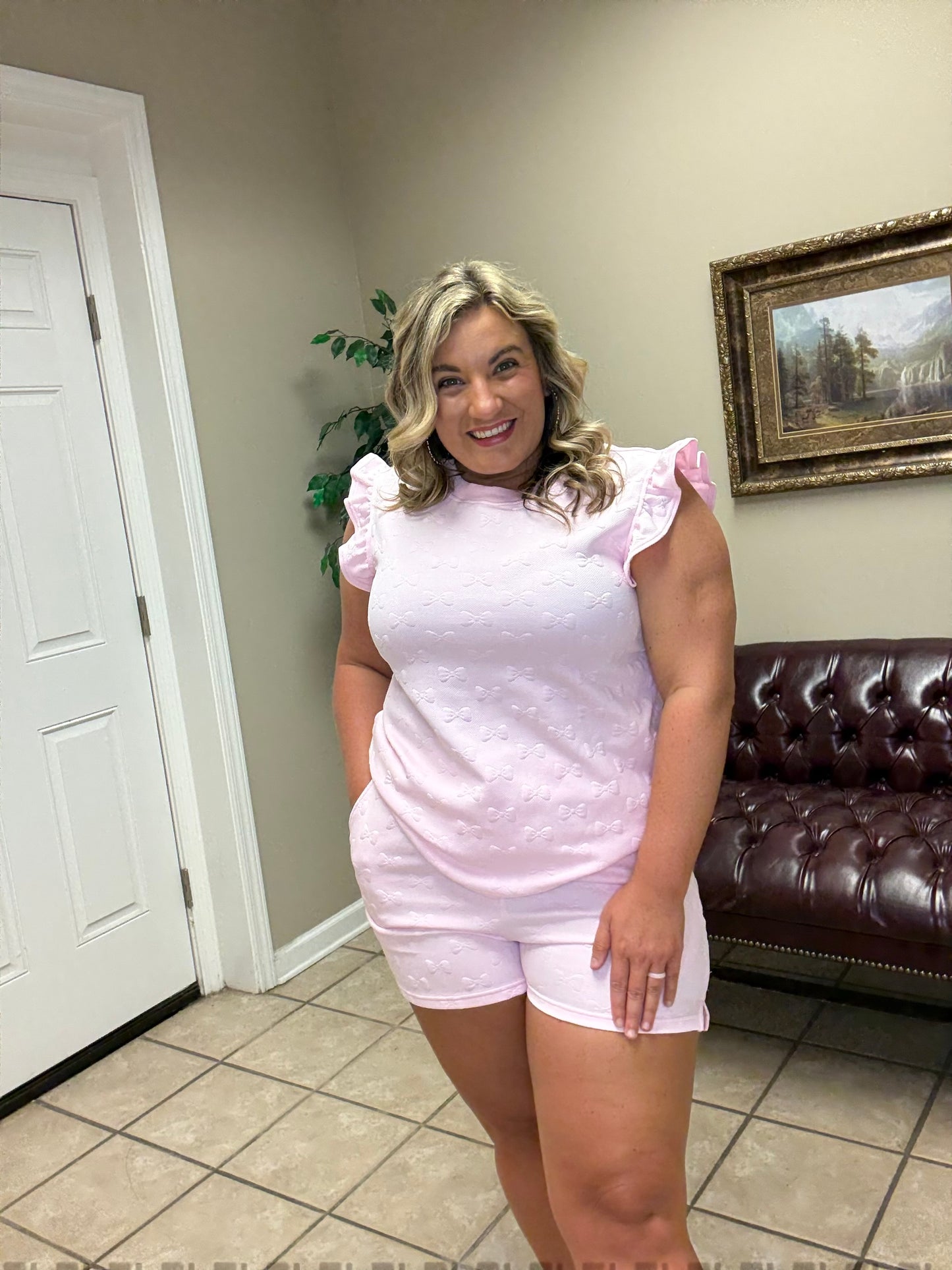 Pink Bow Ruffle Sleeve Short Set