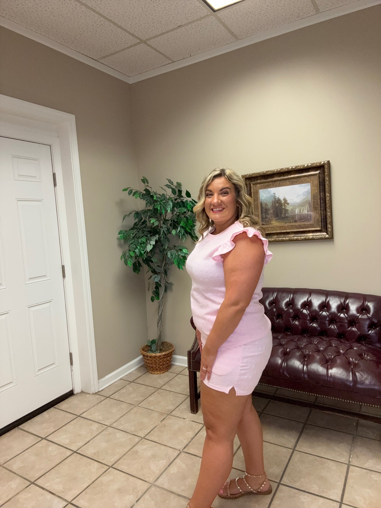 Pink Bow Ruffle Sleeve Short Set