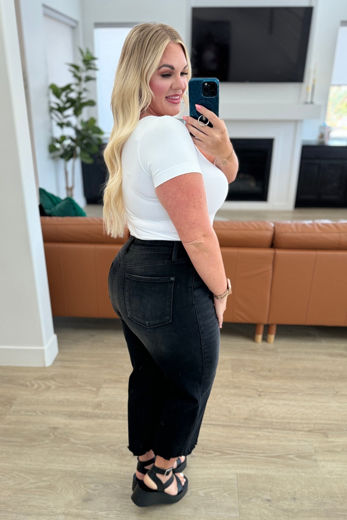 Black Judy Blue High Rise Button Fly Wide Leg Crop Jeans