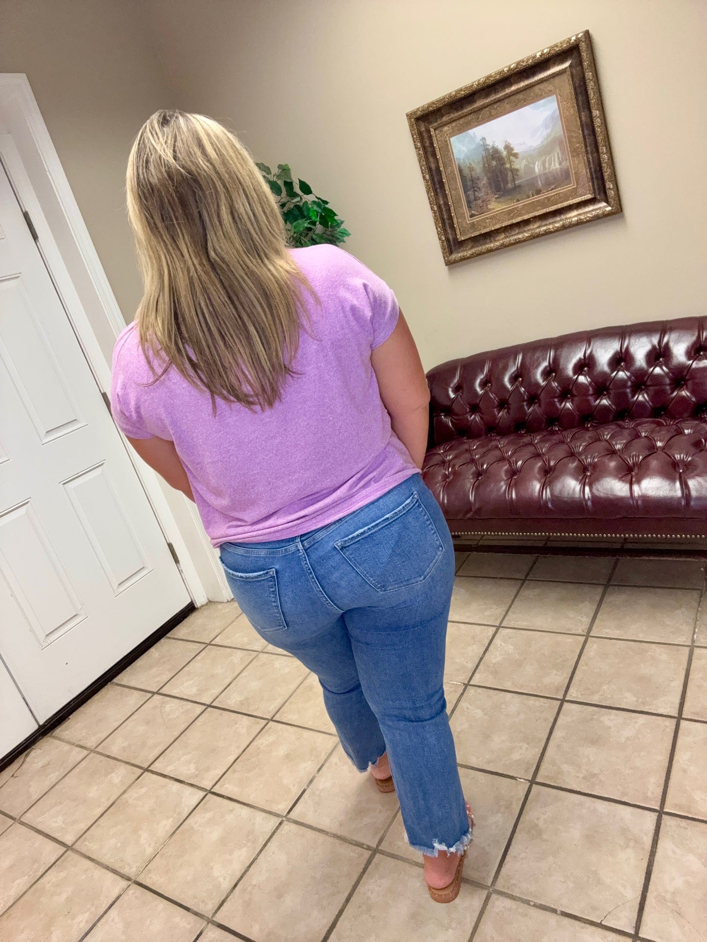 Purple, short sleeve soft melange top by Zenana
