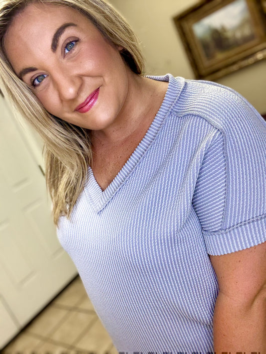 Corded Rib Short Sleeve High Low V Neck Top