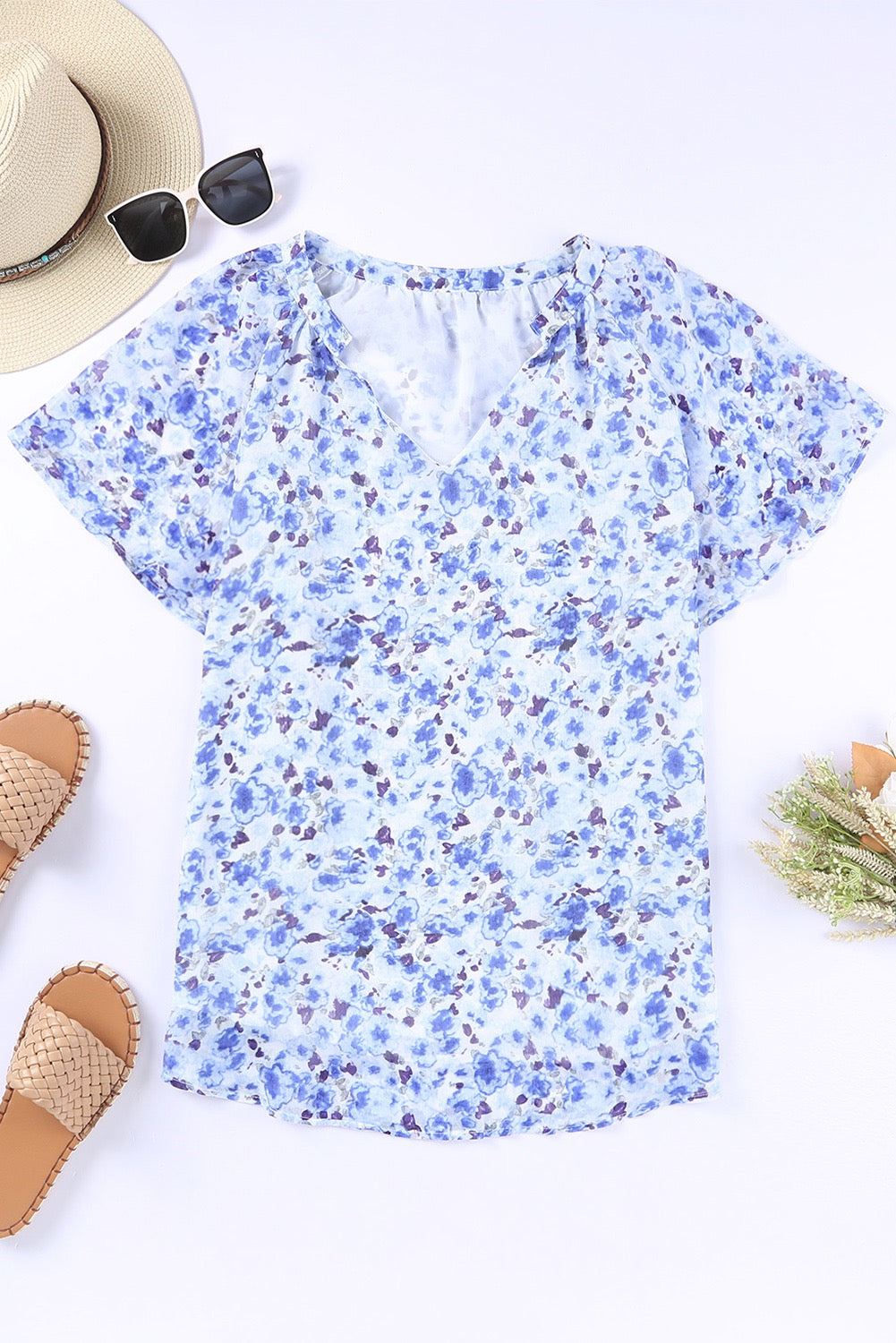 Blue Floral Flutter Sleeve Blouse May.