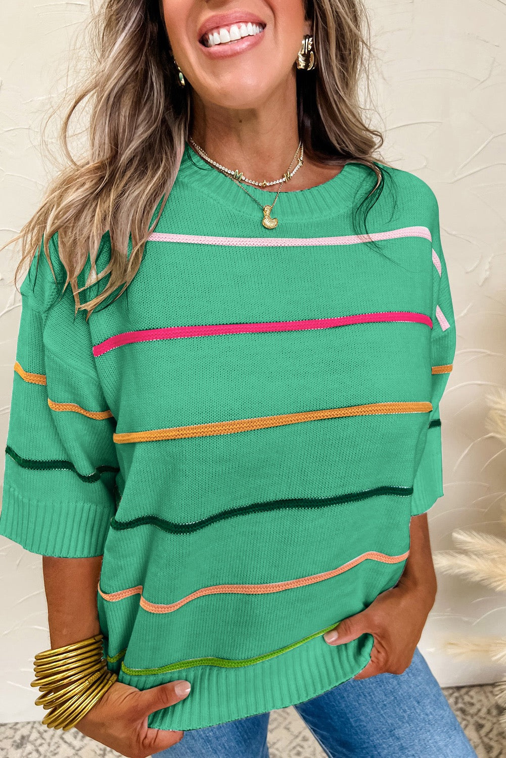Green Colorblock Striped Sweater May.