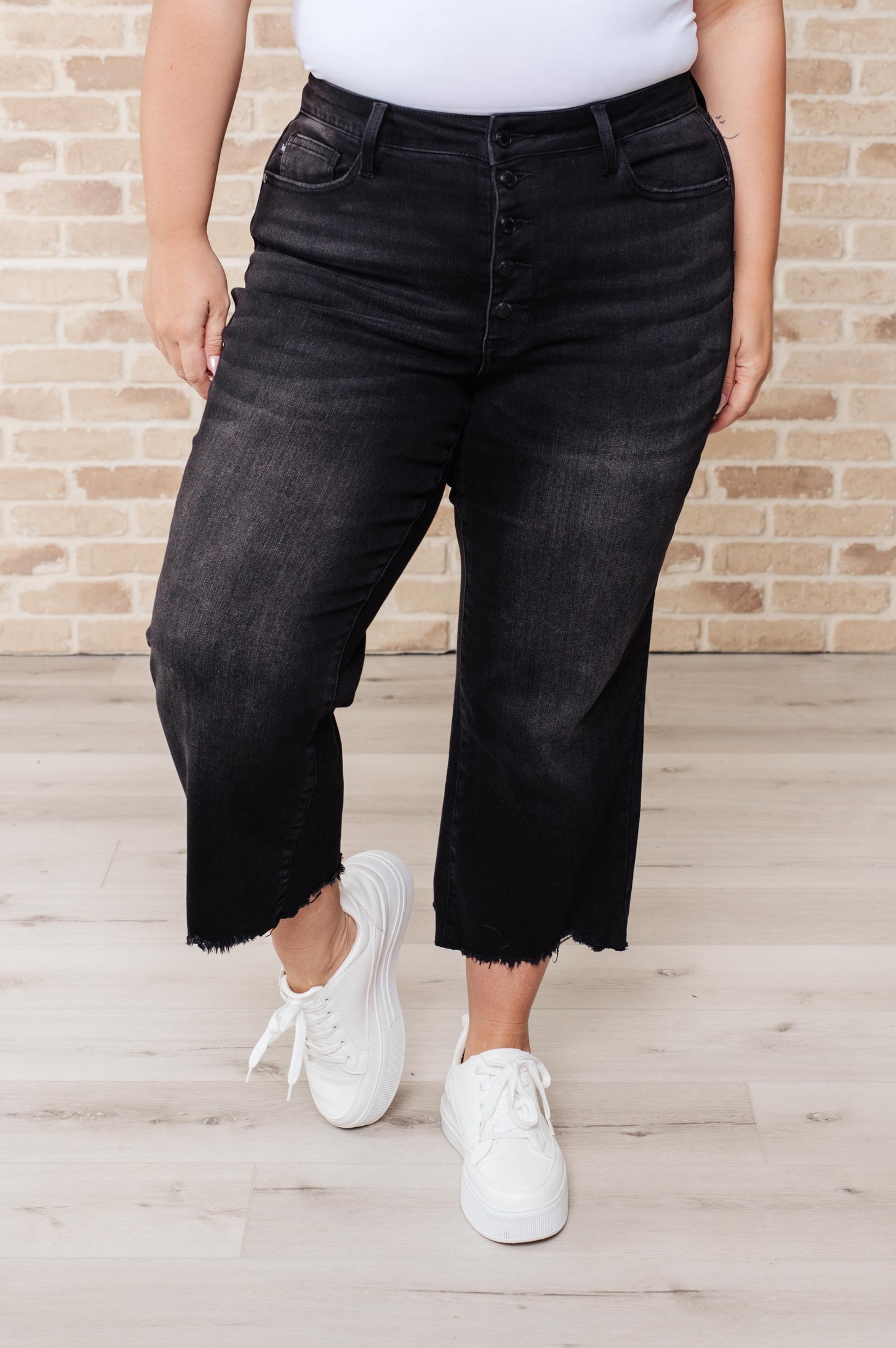 Black Judy Blue High Rise Button Fly Wide Leg Crop Jeans
