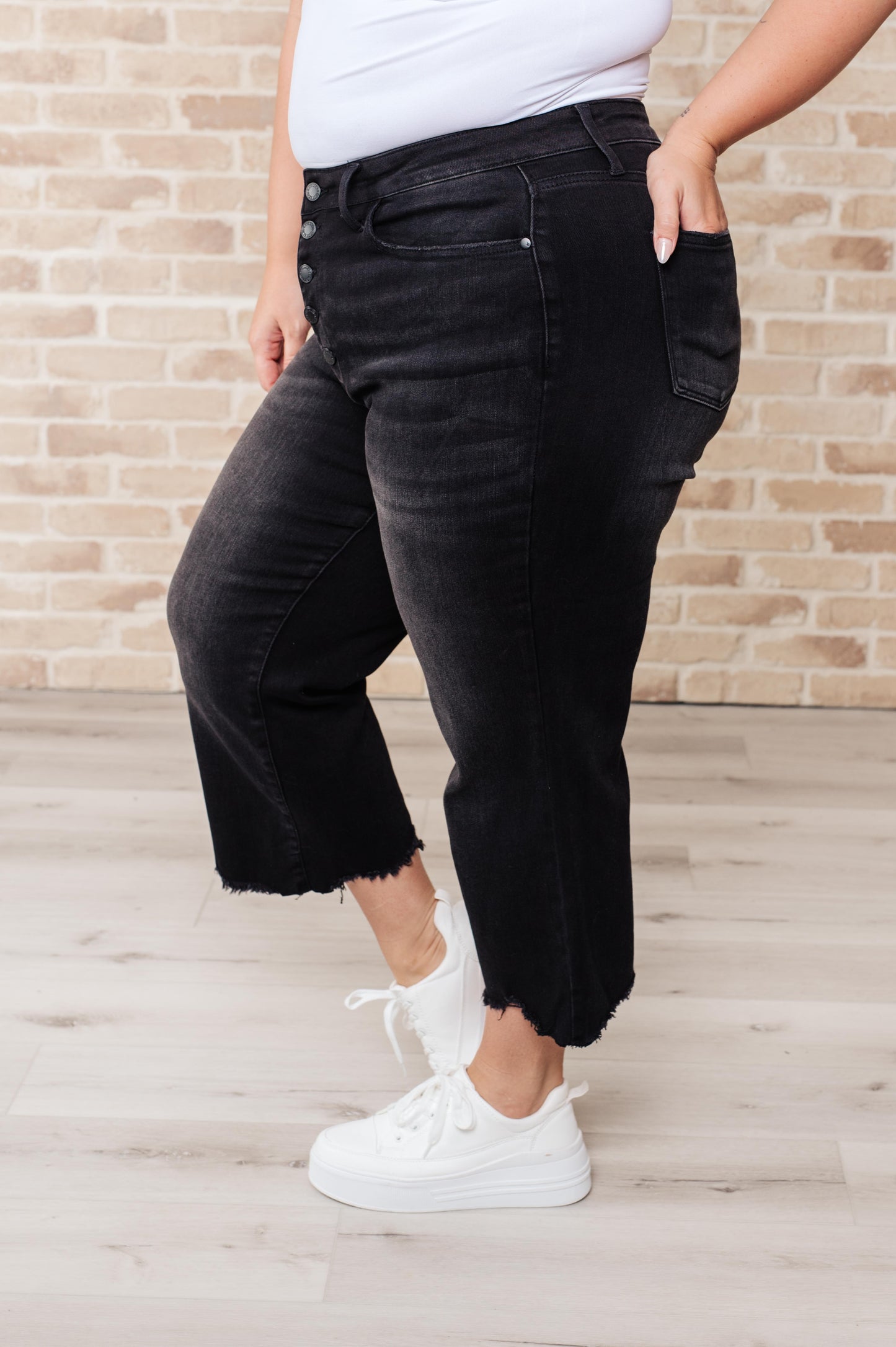 Black Judy Blue High Rise Button Fly Wide Leg Crop Jeans