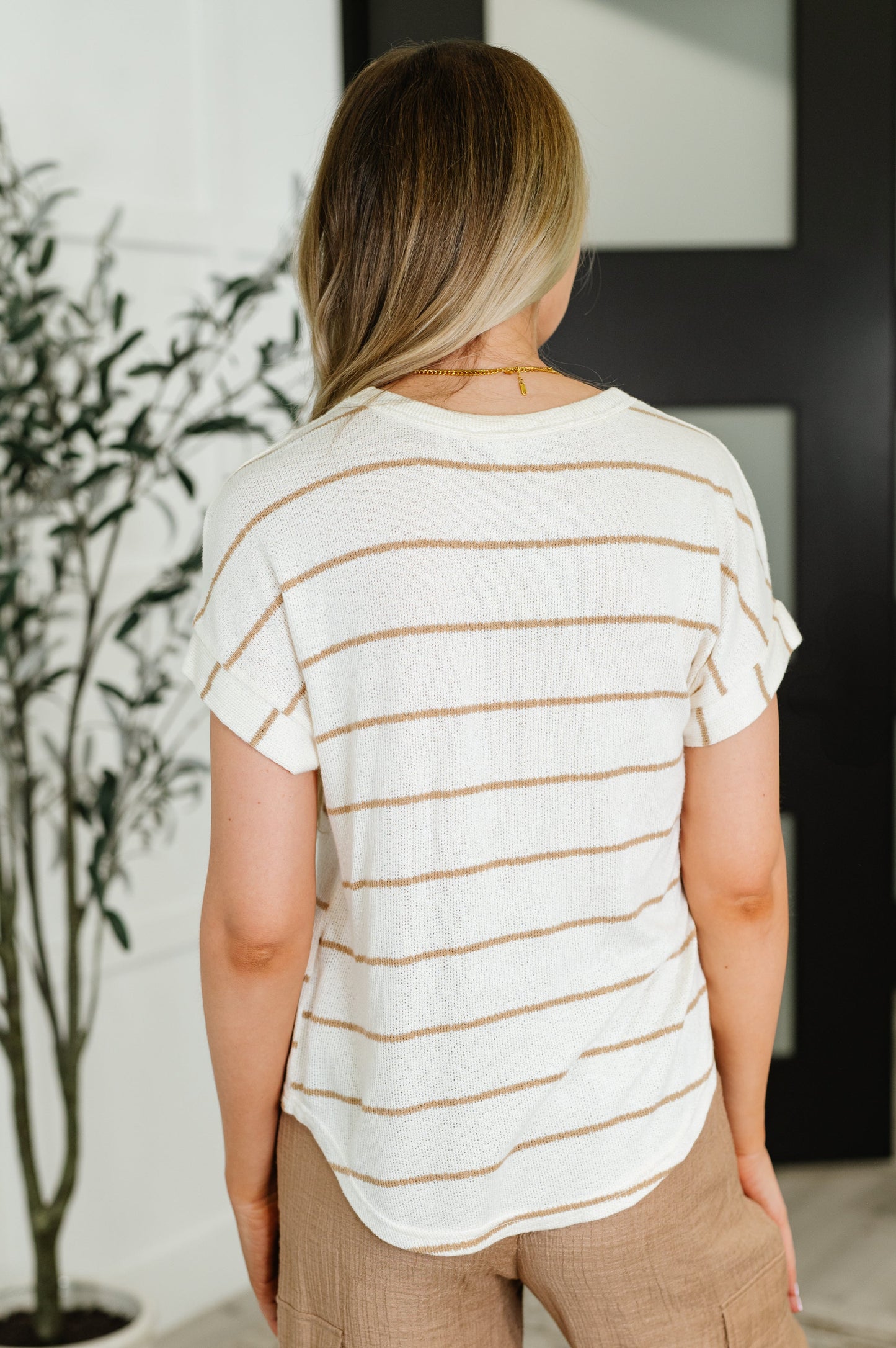 Mocha stripe textured short sleeve top by Blu Pepper