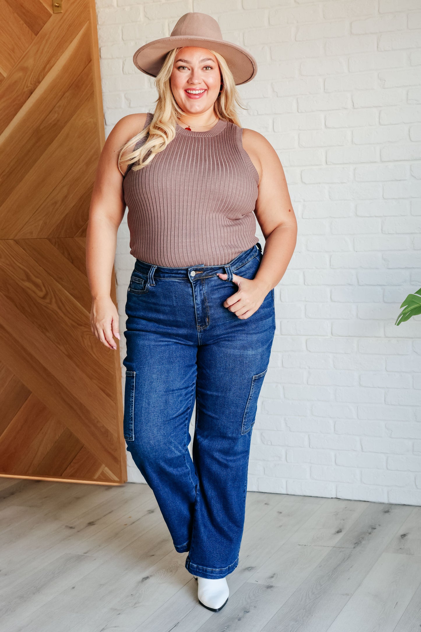 Mocha, midweight ribbed sweater knit, banded neckline, banded sleeve cuff, banded hem, high stretch, true to size sleeveless tank