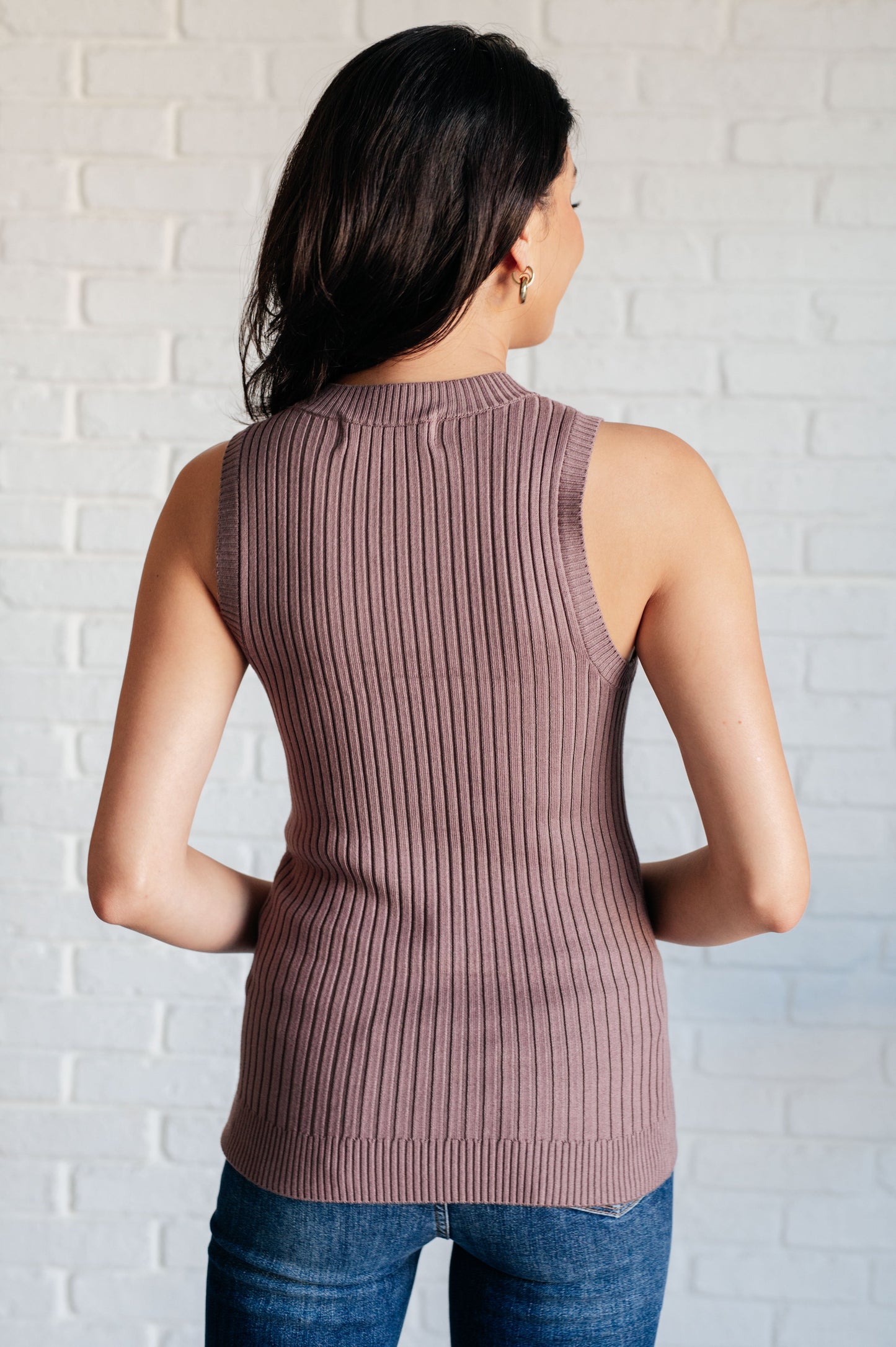 Mocha, midweight ribbed sweater knit, banded neckline, banded sleeve cuff, banded hem, high stretch, true to size sleeveless tank