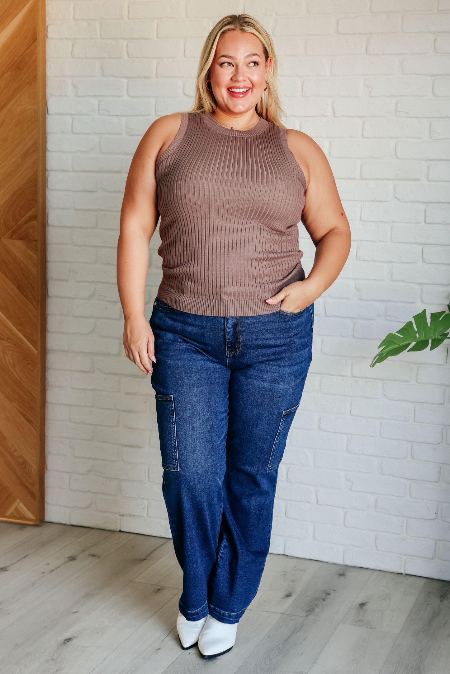 Mocha, midweight ribbed sweater knit, banded neckline, banded sleeve cuff, banded hem, high stretch, true to size sleeveless tank