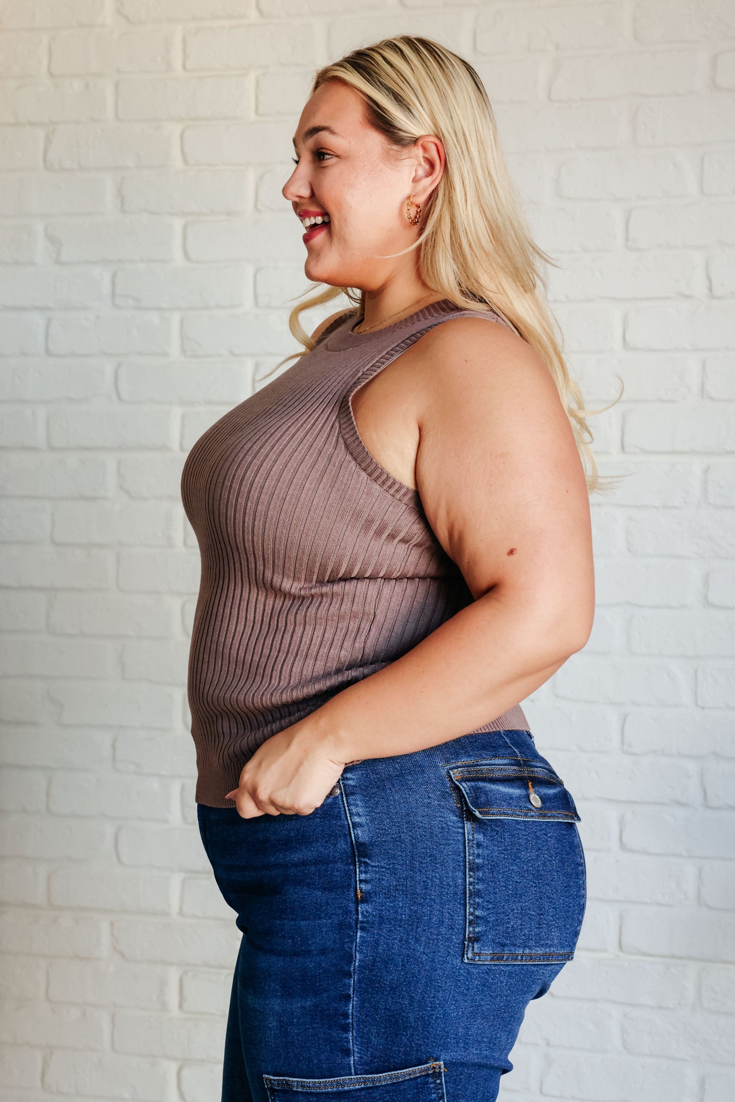 Mocha, midweight ribbed sweater knit, banded neckline, banded sleeve cuff, banded hem, high stretch, true to size sleeveless tank