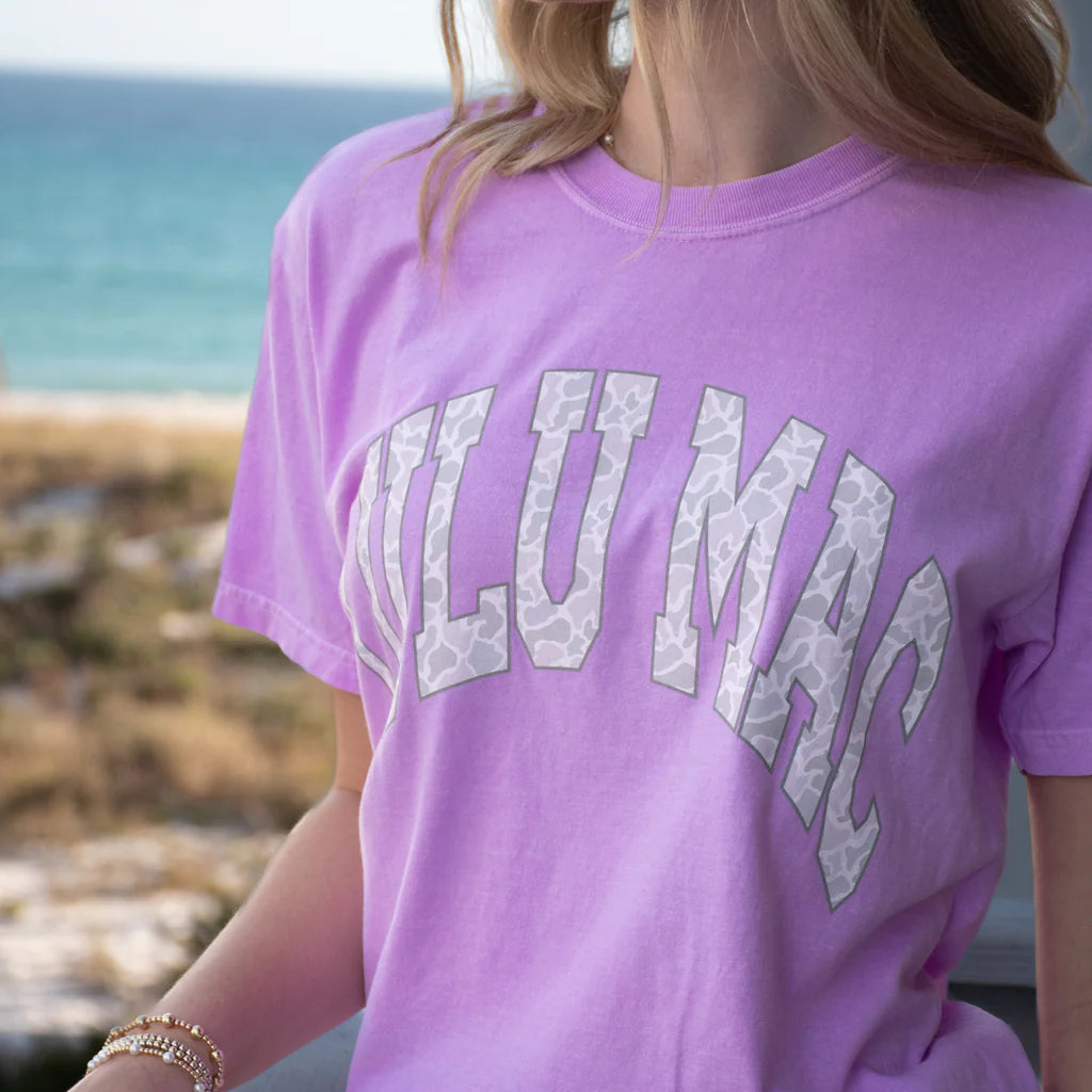 Lulu Mac Neon Violet Camo Graphic Tee | Comfort Colors Short Sleeve Shirt