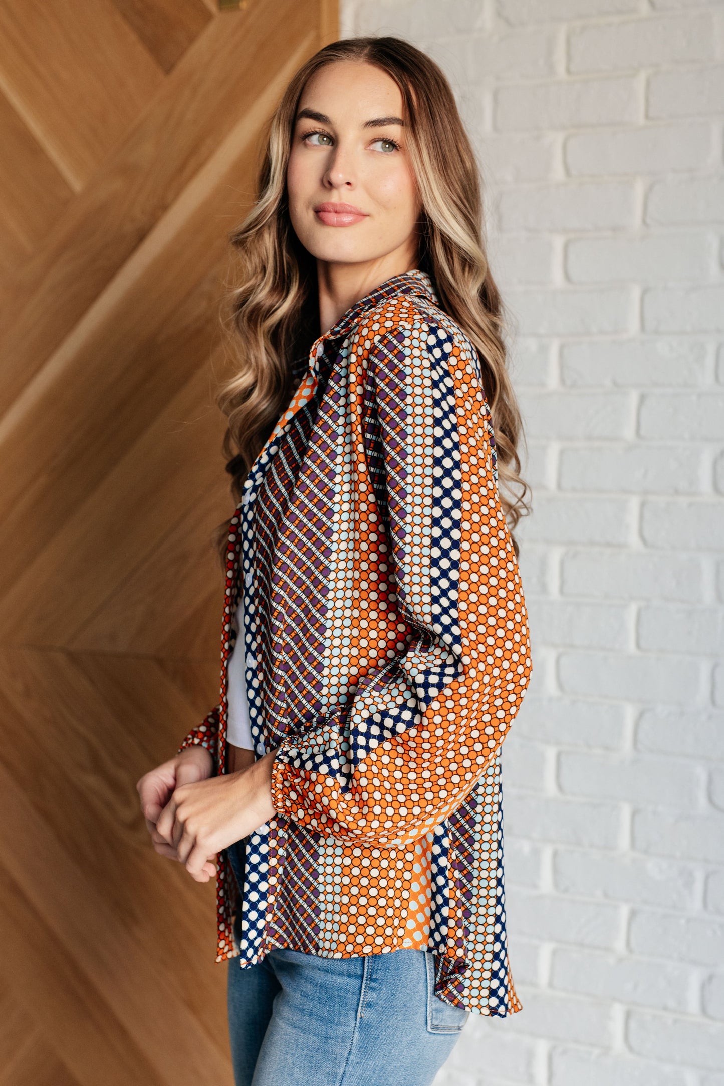Long sleeve Polka Dot button up top
