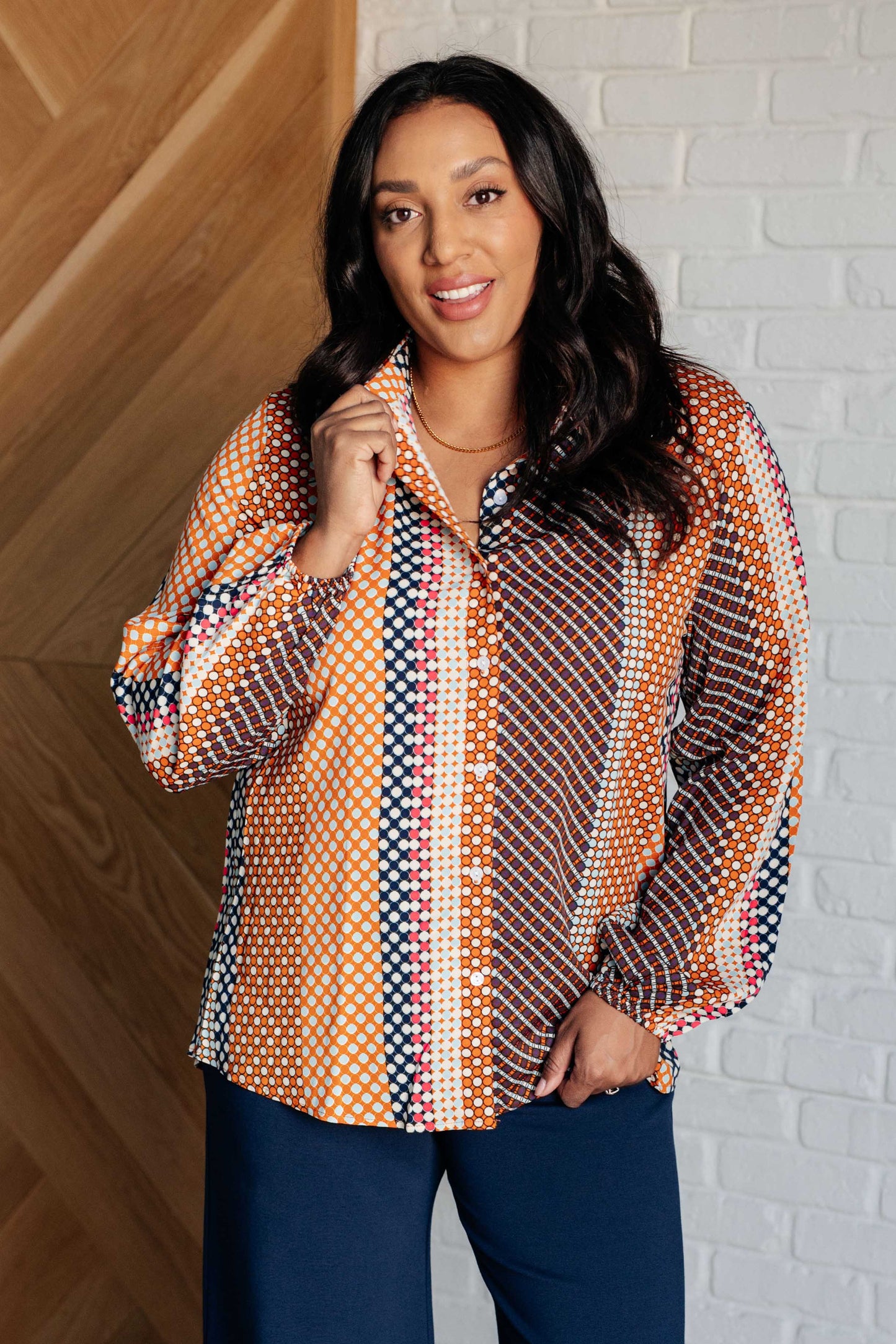 Long sleeve Polka Dot button up top