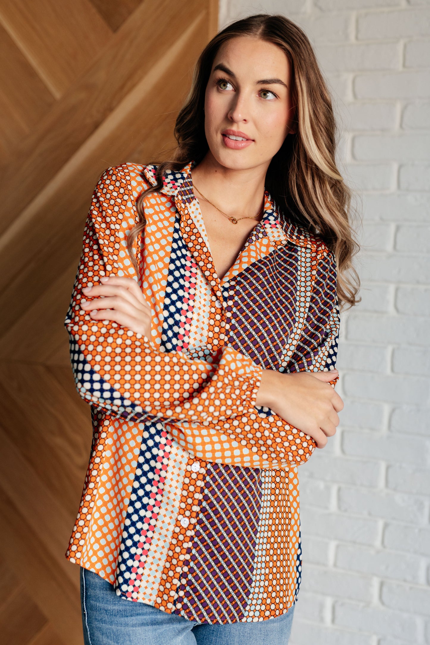 Long sleeve Polka Dot button up top