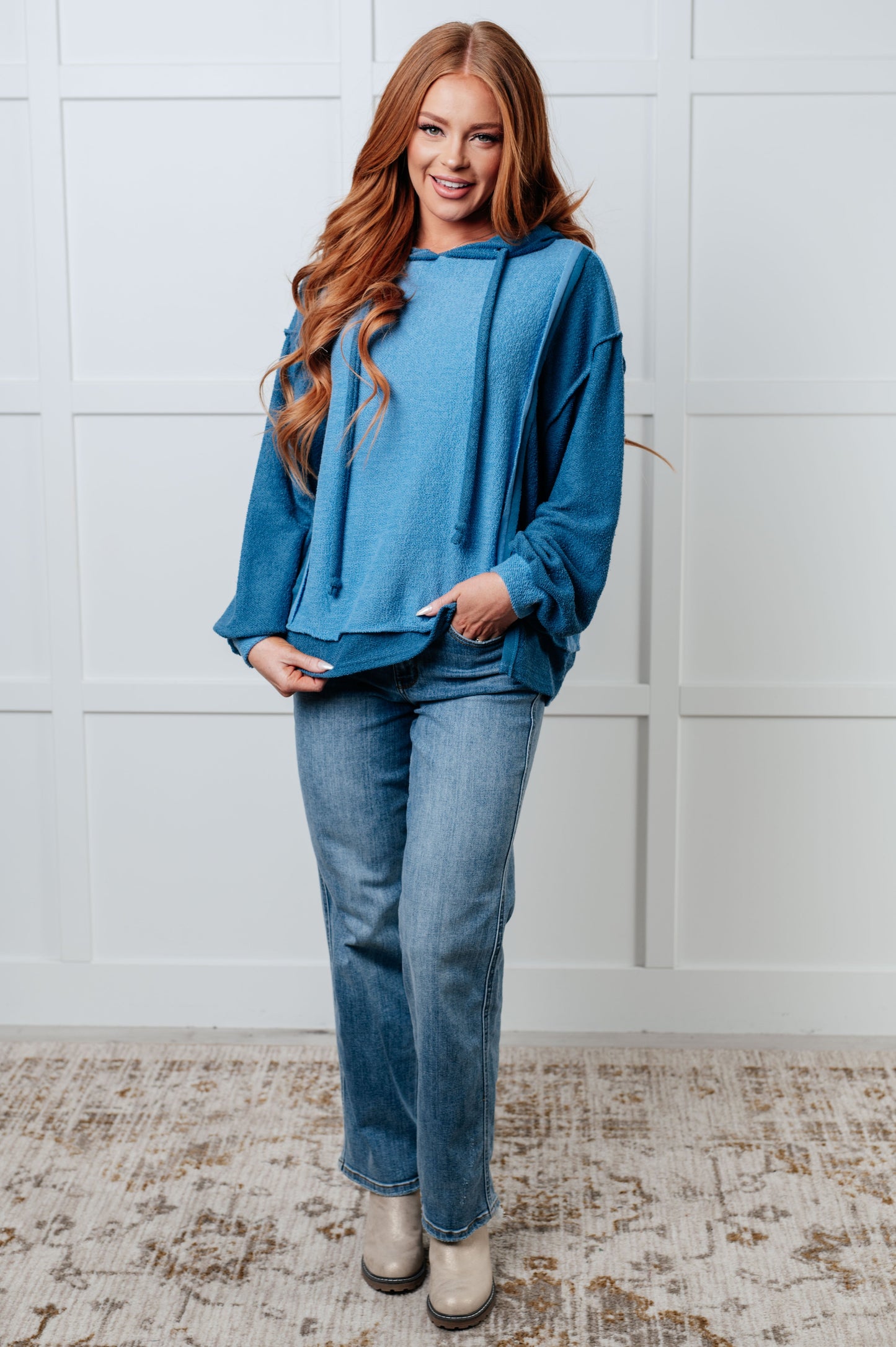 Blue French Terry Hoodie by Bibi
Hooded
Functional Drawstring
Dropped Shoulder
Exposed Seams
Banded Sleeve Cuff
Slit Hem
Stepped Hem
42% Polyester, 40% Cotton, 18% Rayon
True to Size