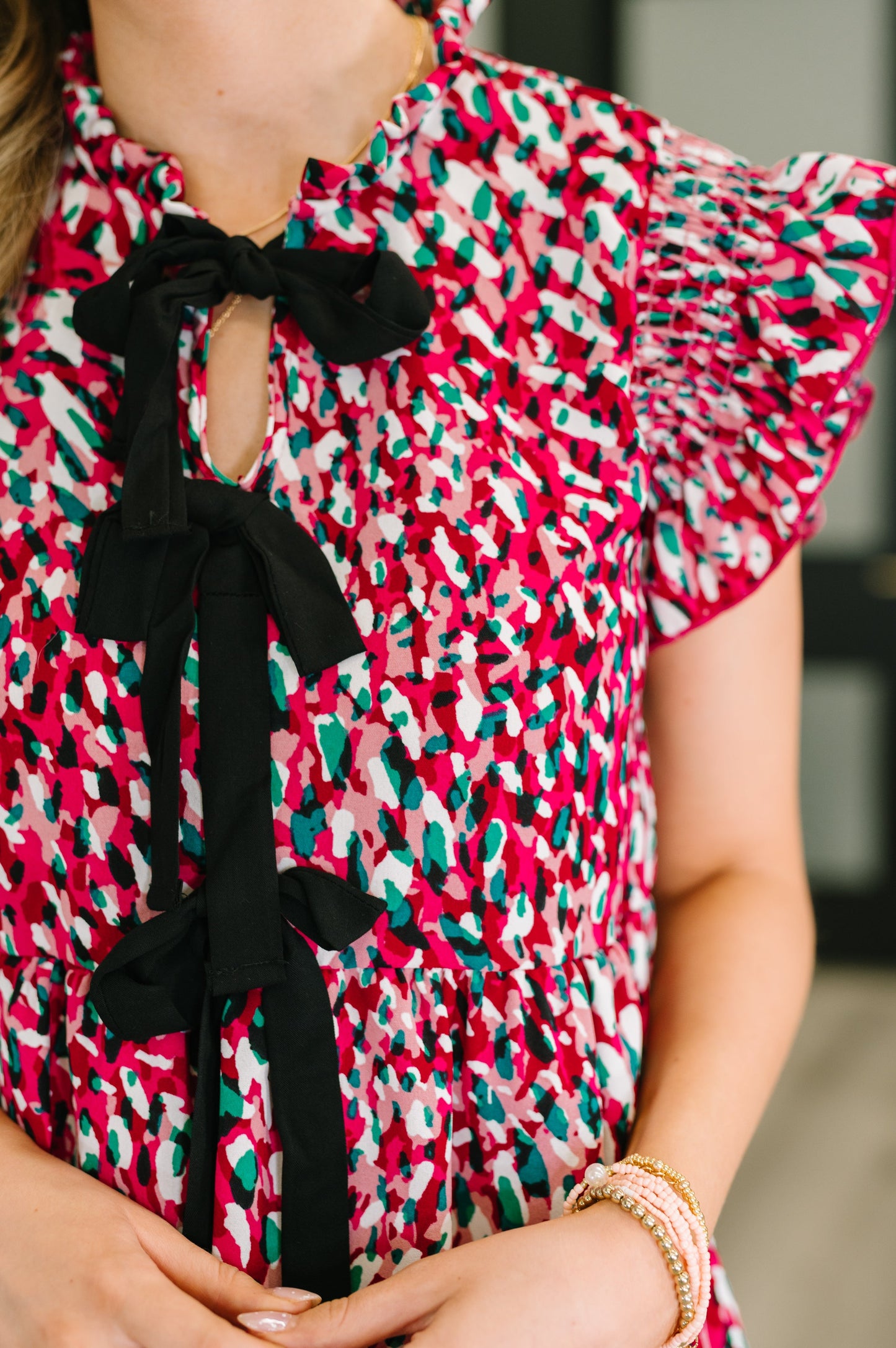 Bow Detail Dress in Fuchsia and Black by Haptics