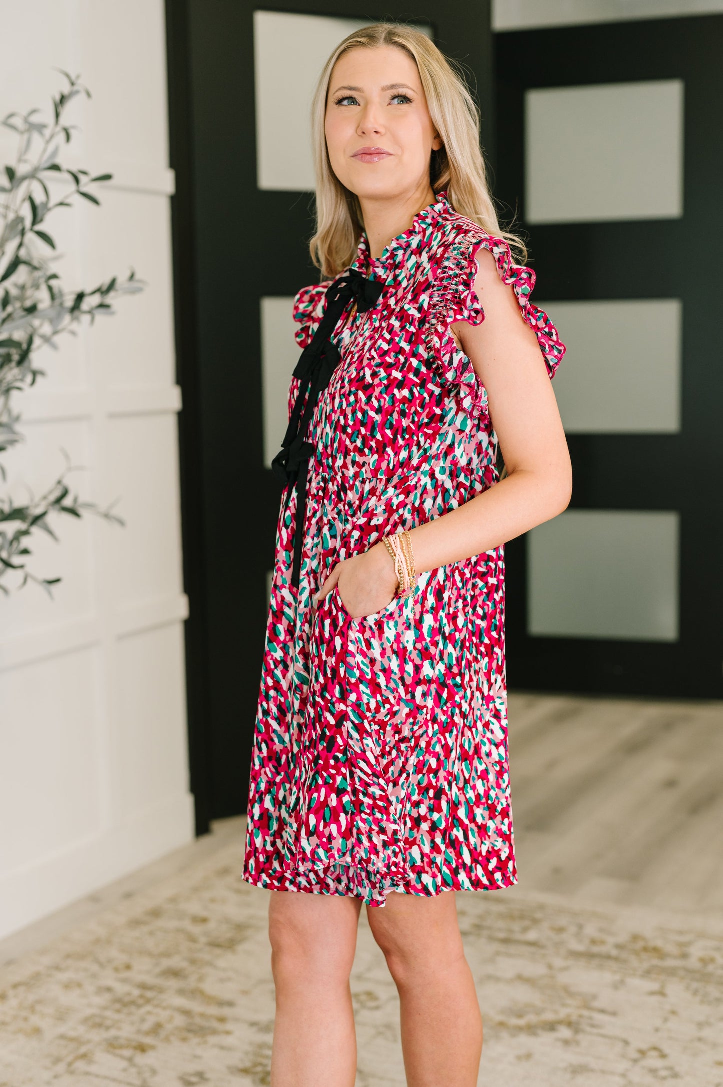 Bow Detail Dress in Fuchsia and Black by Haptics