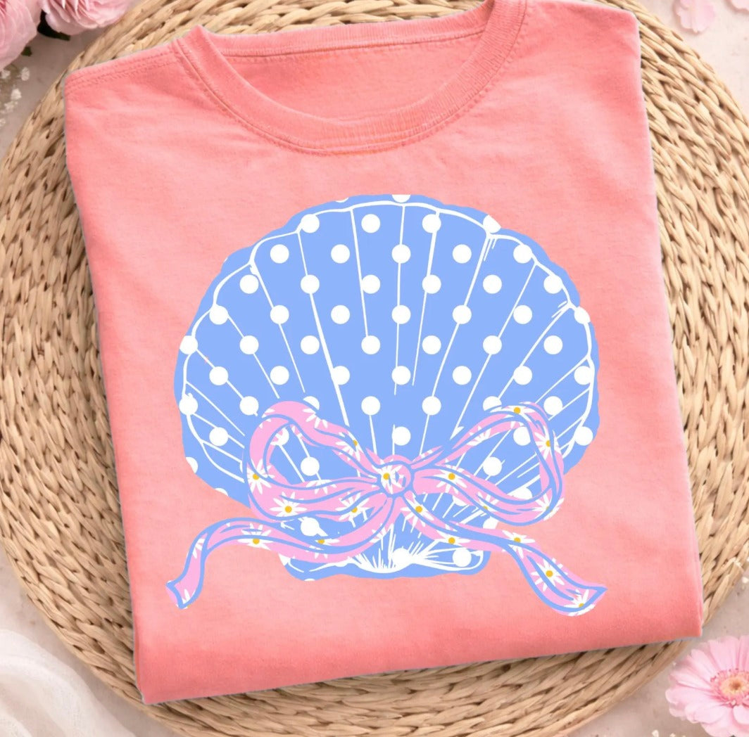 Peachy Polka Dot Seashell Bow Graphic Tee | Coastal Coquette Shirt