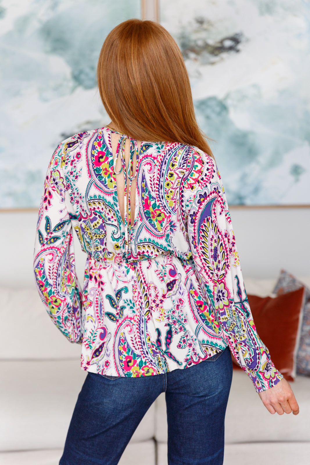 Key Hole Tie Back long sleeve top by White Birch
Cased Elastic Waistband
95% Polyester, 5% Spandex
True to Size