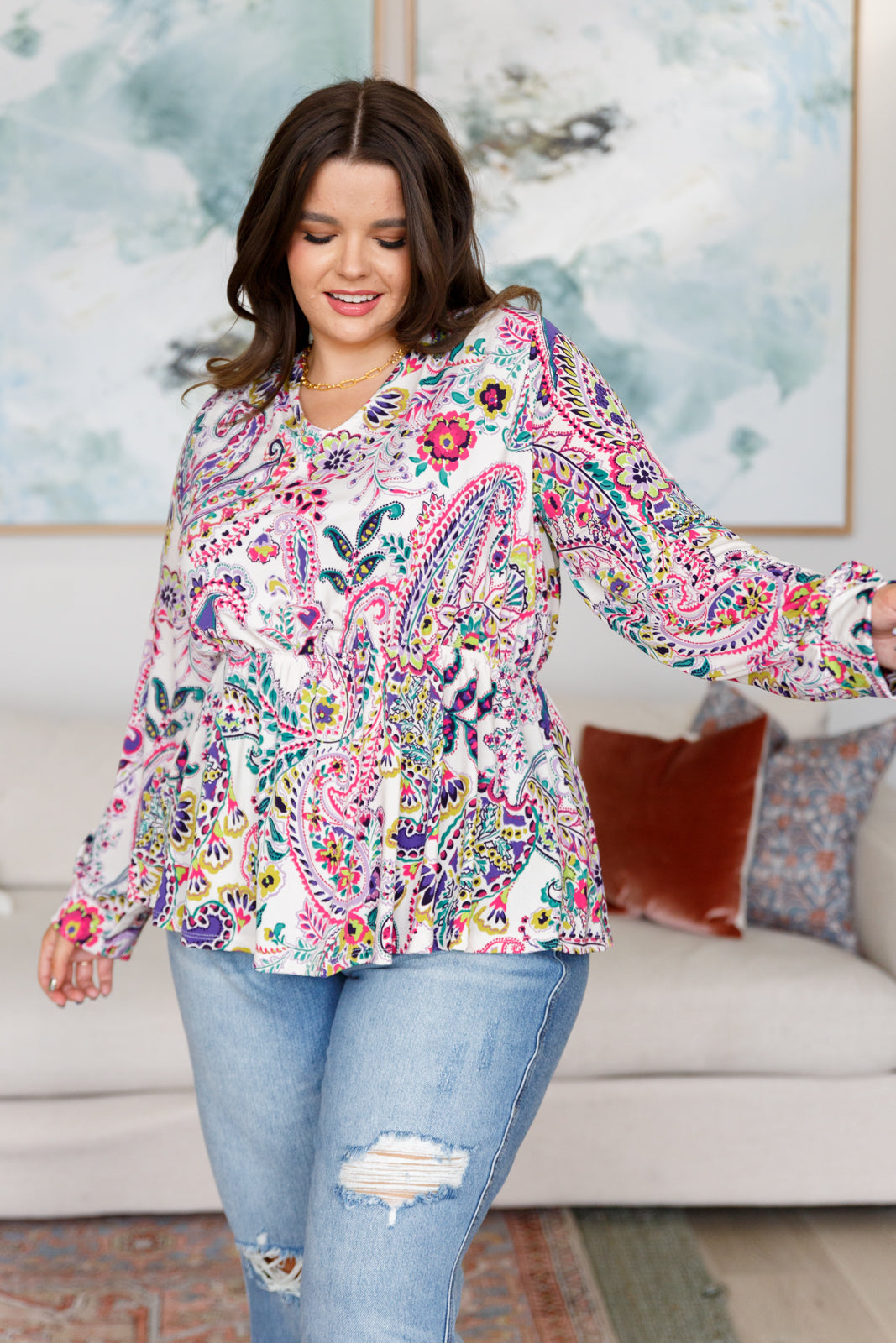 Key Hole Tie Back long sleeve top by White Birch
Cased Elastic Waistband
95% Polyester, 5% Spandex
True to Size