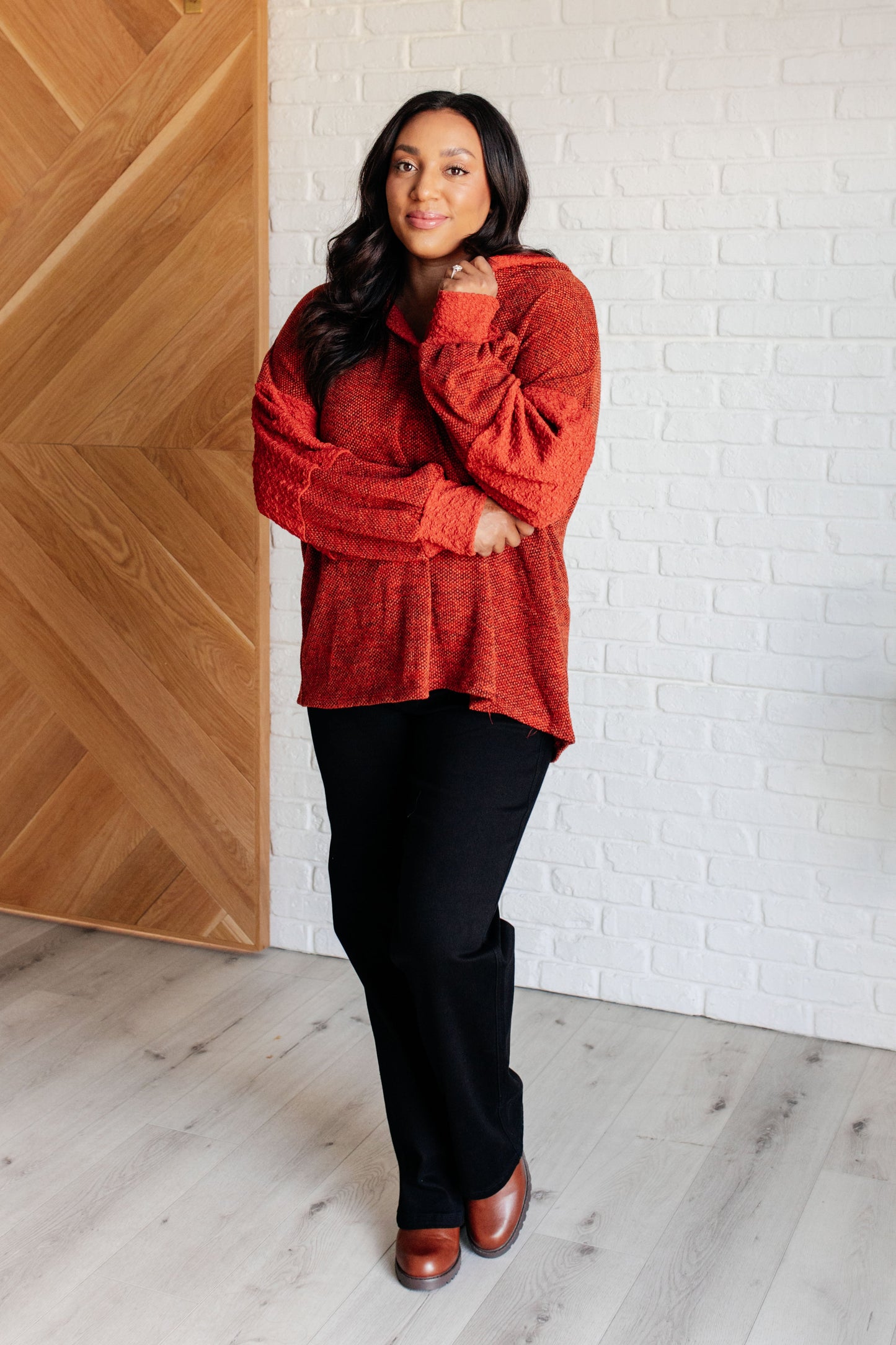 Burnt Orange Color Block Hoodie by Haptics