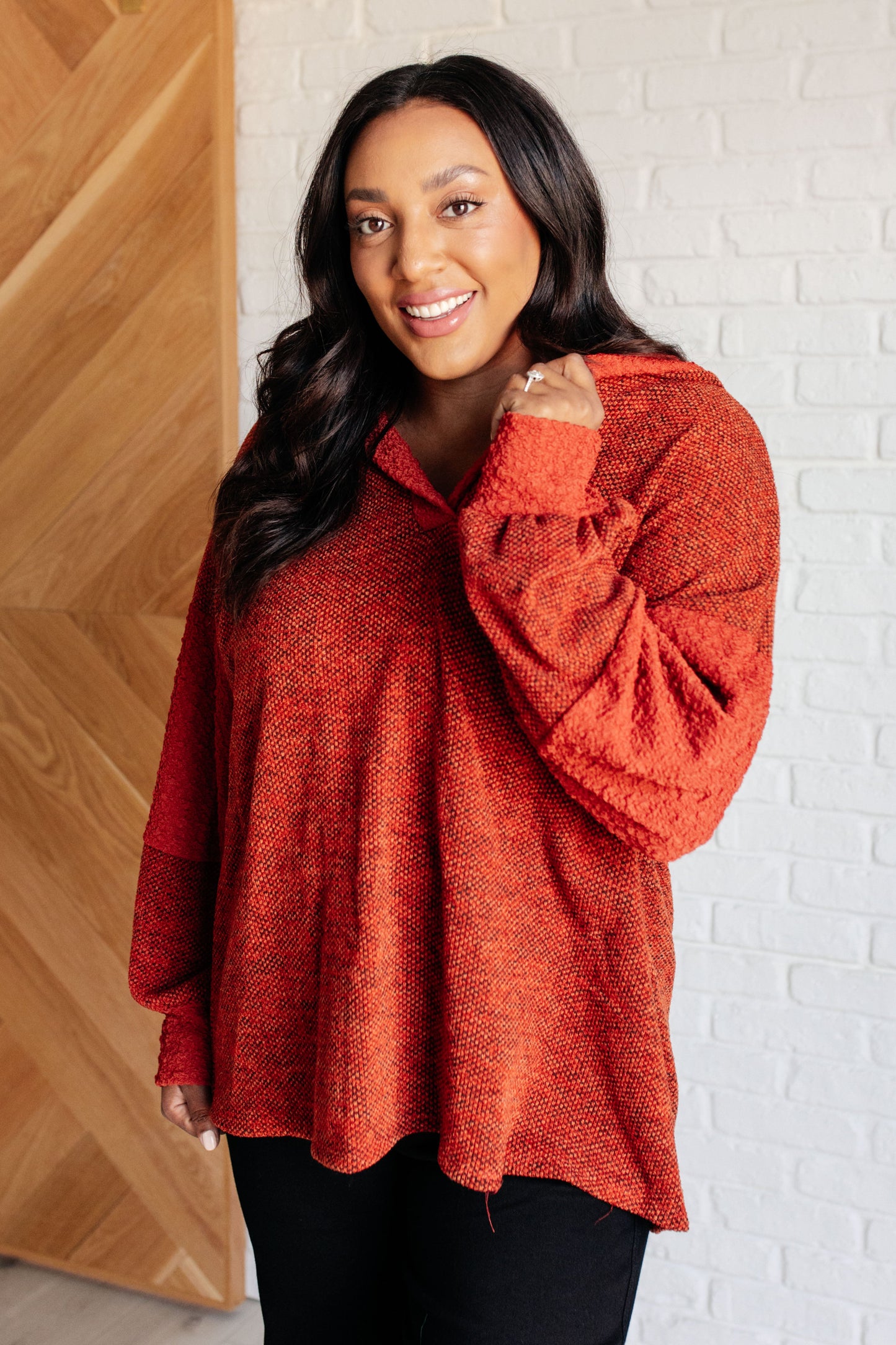 Burnt Orange Color Block Hoodie by Haptics