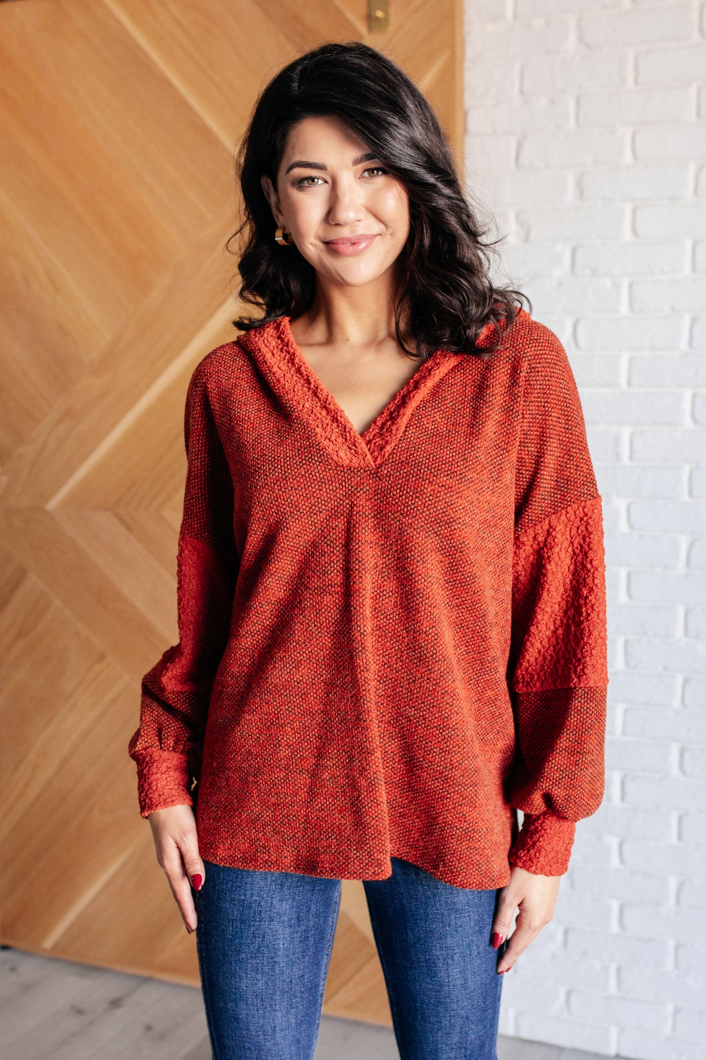 Burnt Orange Color Block Hoodie by Haptics