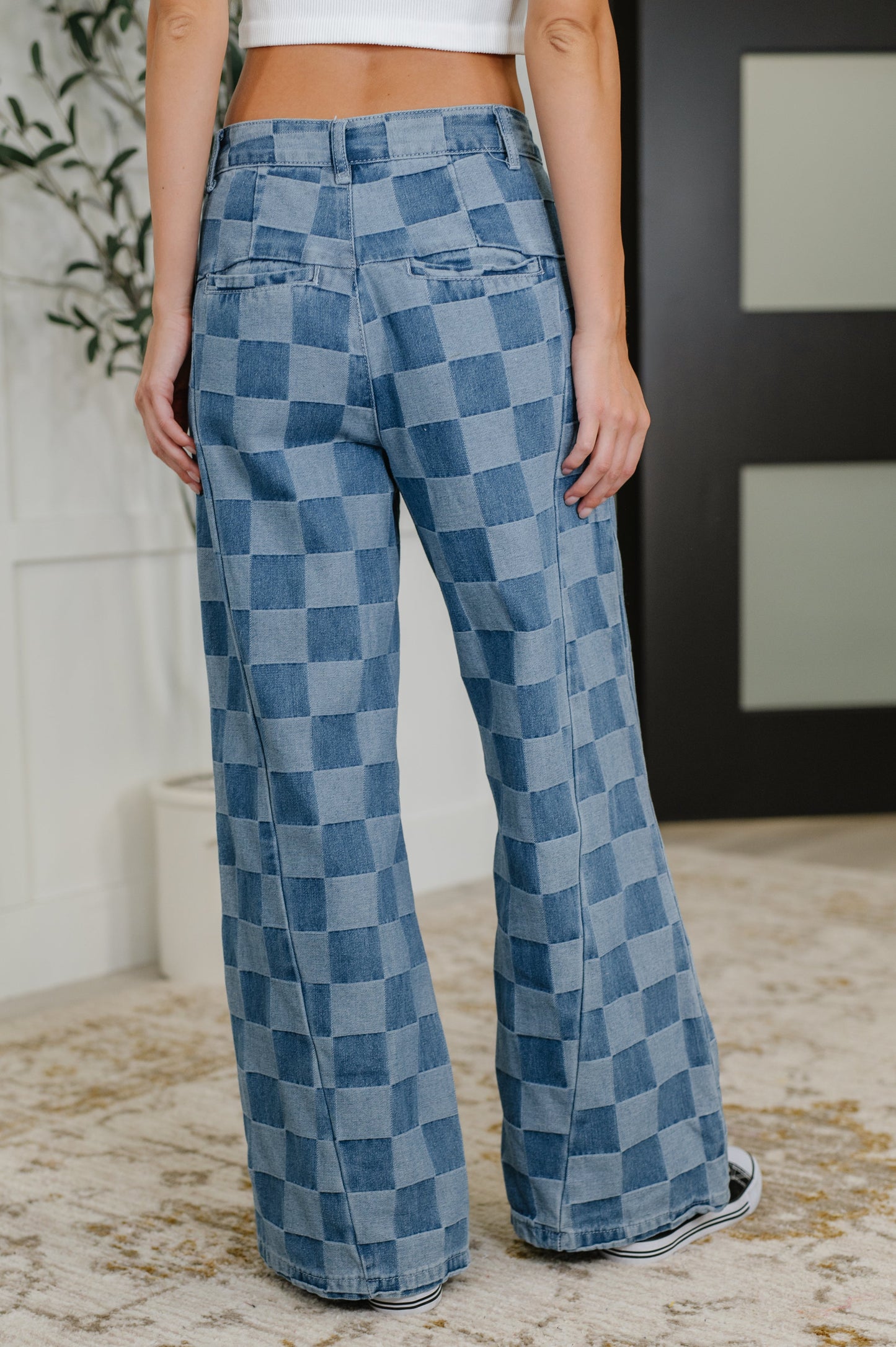 Blue checkered, Wide leg denim pants