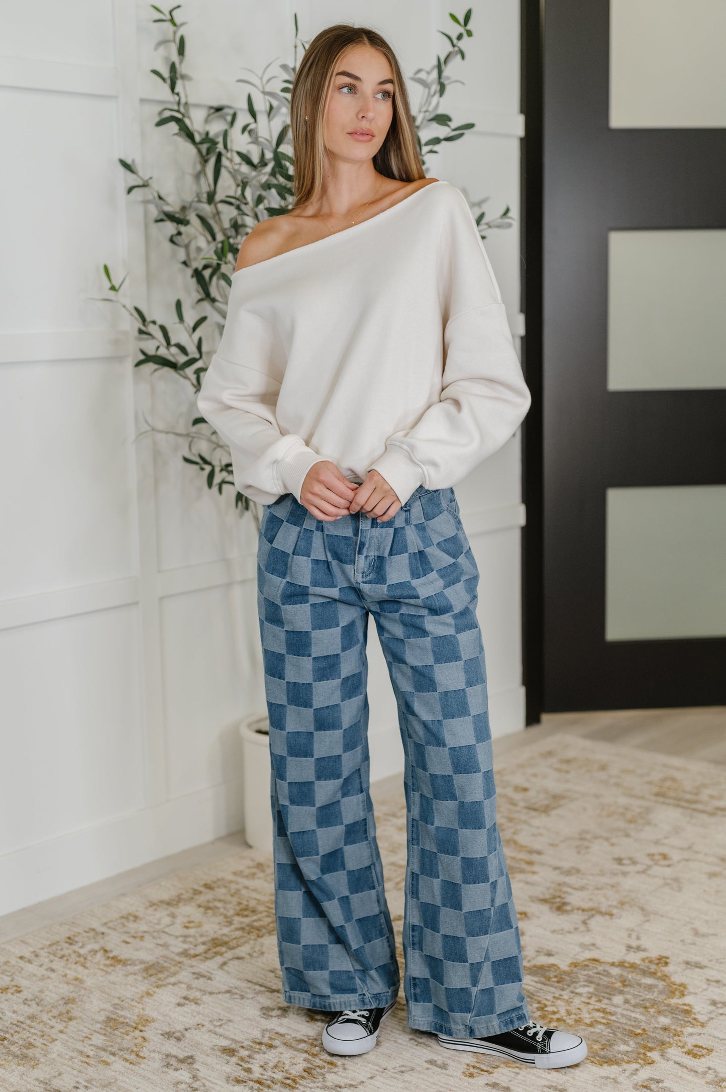 Blue checkered denim pants