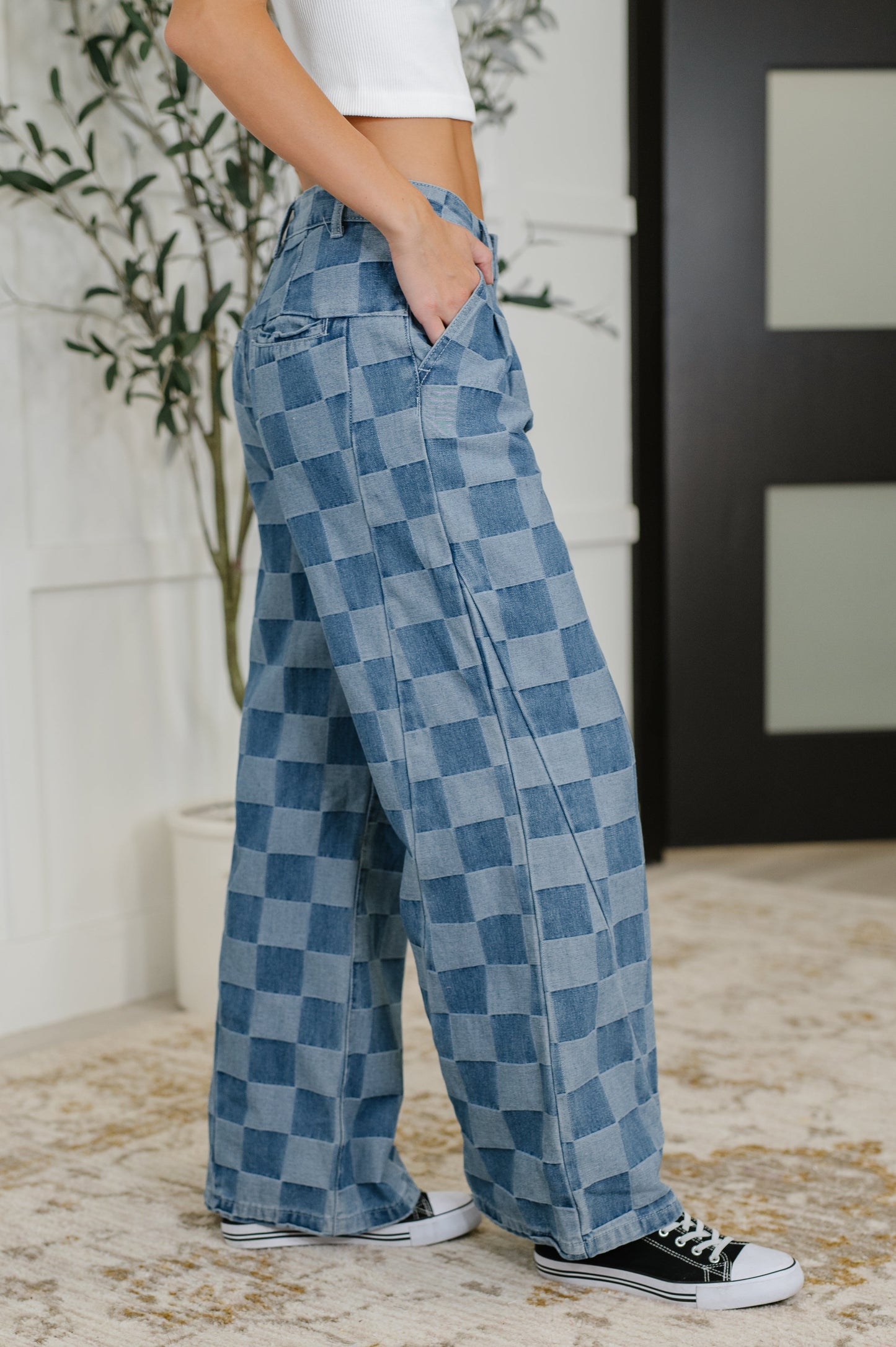 Blue checkered, Wide leg denim pants