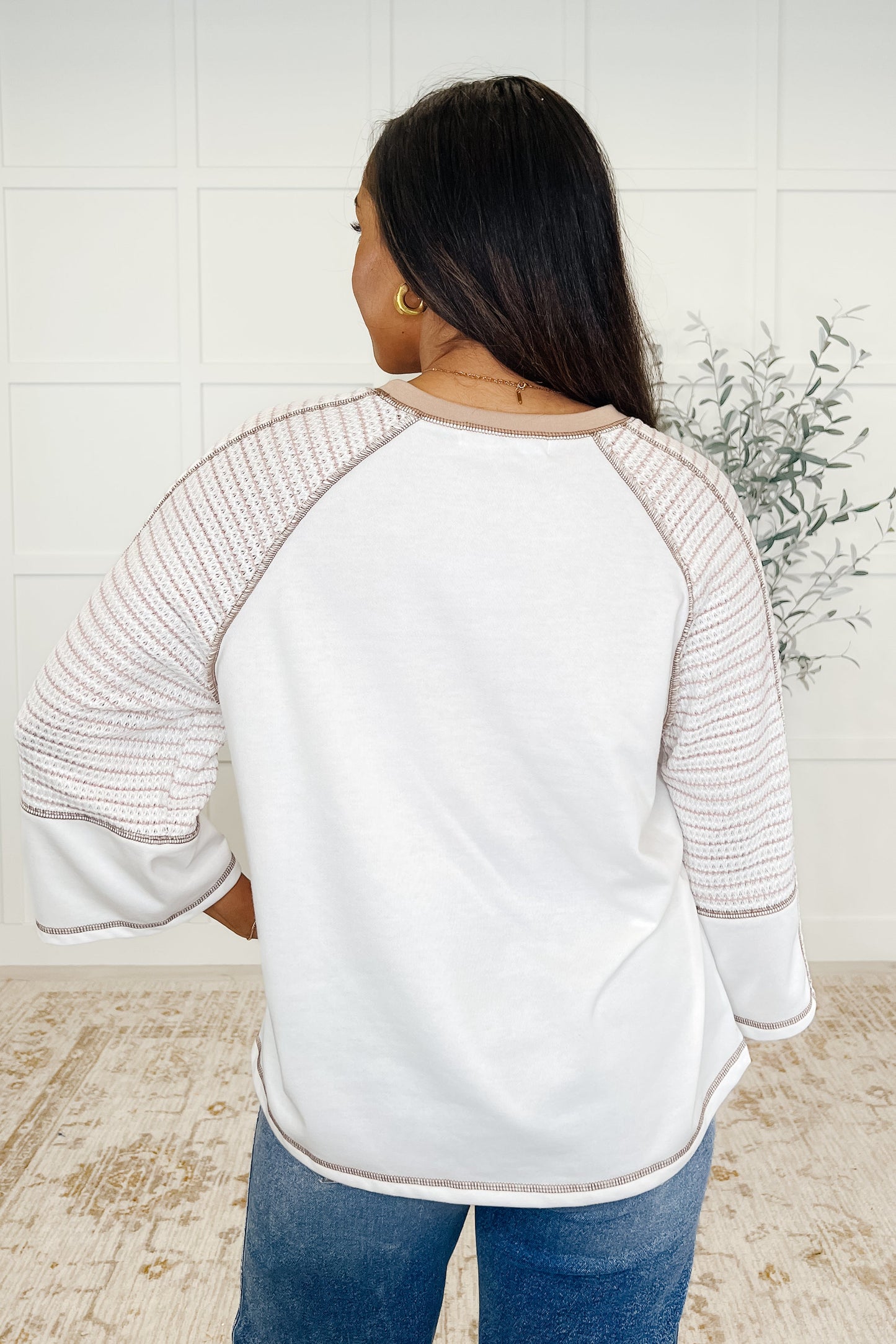 Beige striped, soft, French terry, exposed seam top
