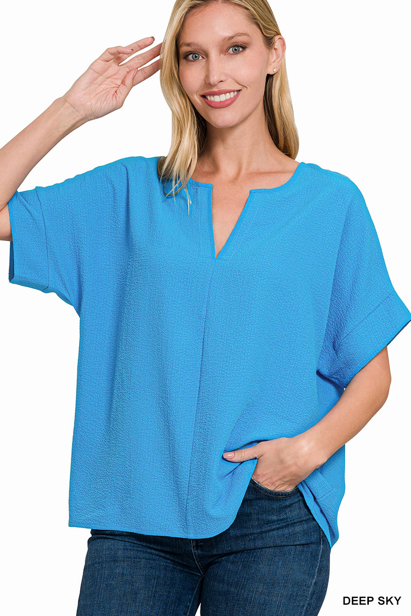 Woven Bubble Airflow Split Neck Top