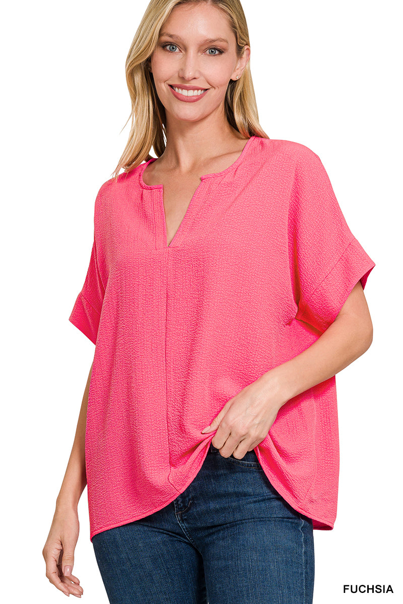 Woven Bubble Airflow Split Neck Top