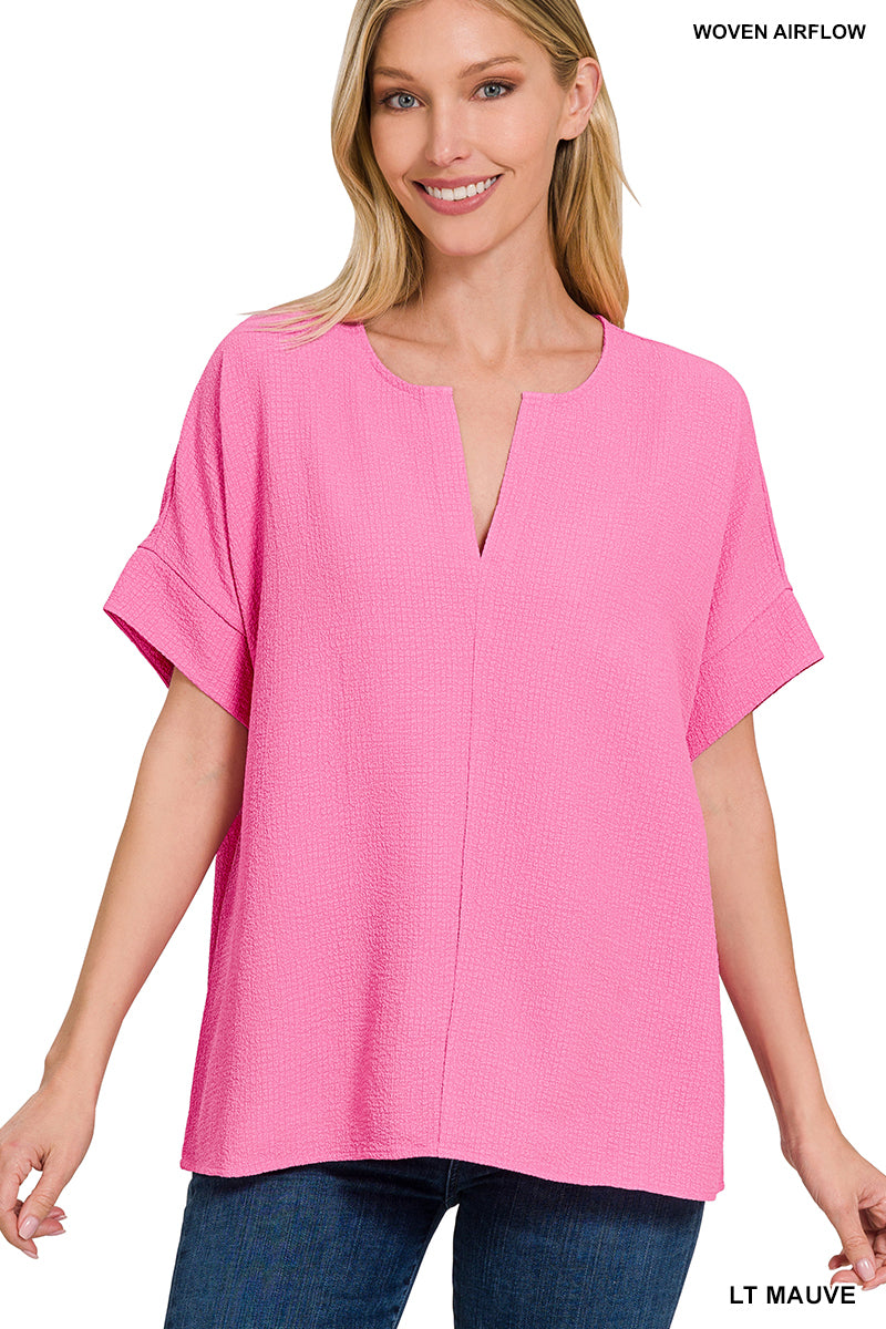 Woven Bubble Airflow Split Neck Top