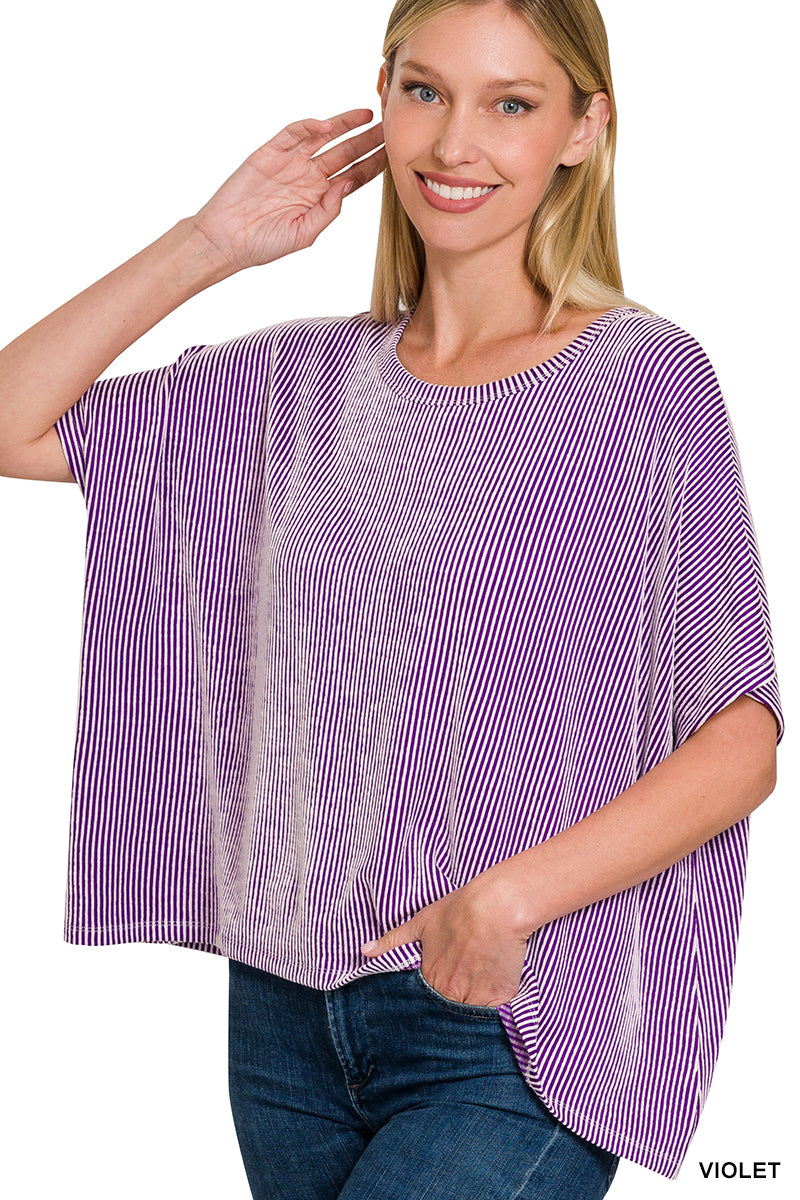 Ribbed Striped Oversized Short Sleeve Top