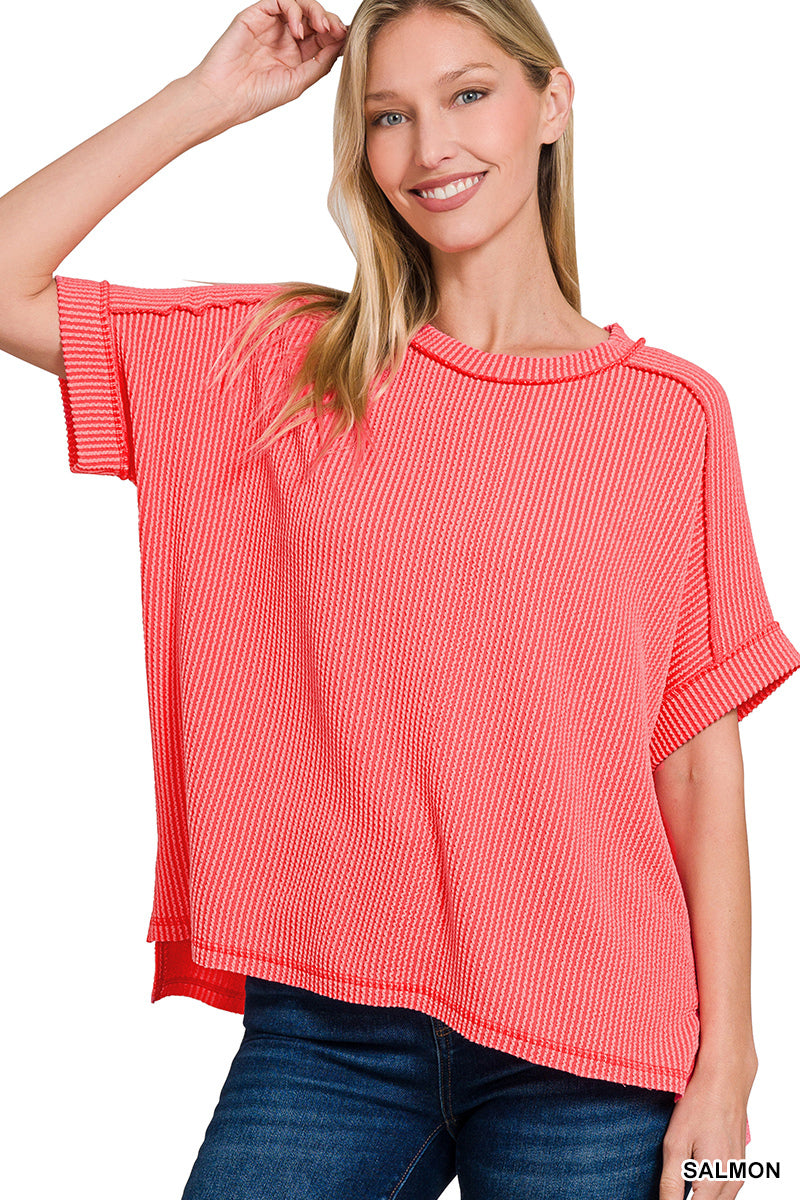 Corded Rib Cuff Sleeve Raw Edge Top in Salmon