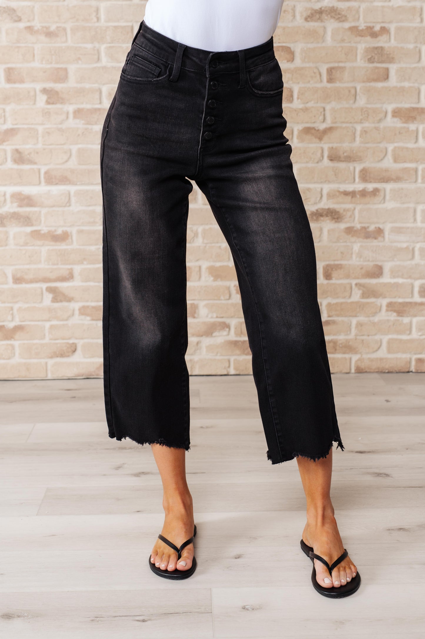 Black Judy Blue High Rise Button Fly Wide Leg Crop Jeans
