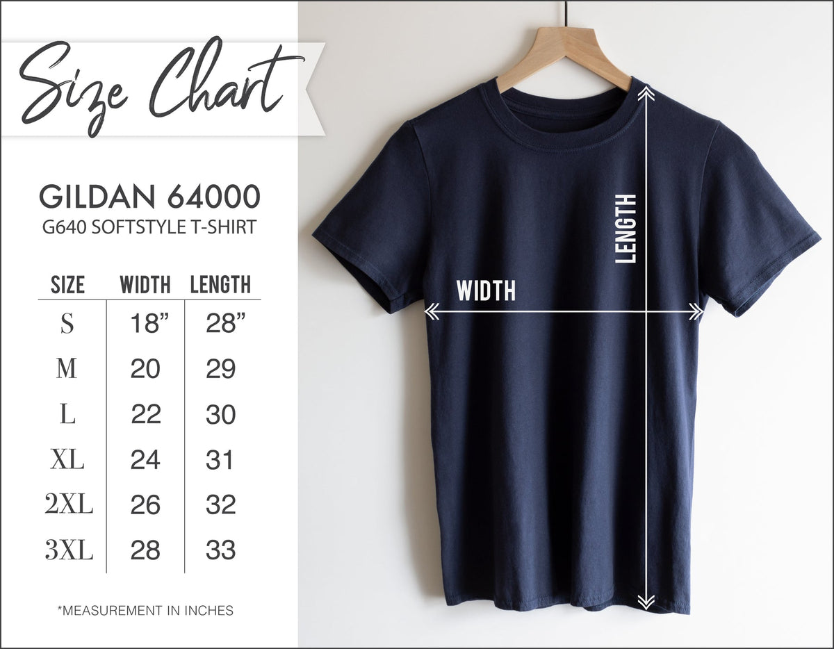 Gildan 64000 t-shirt size chart with a navy blue t-shirt on a hanger.
