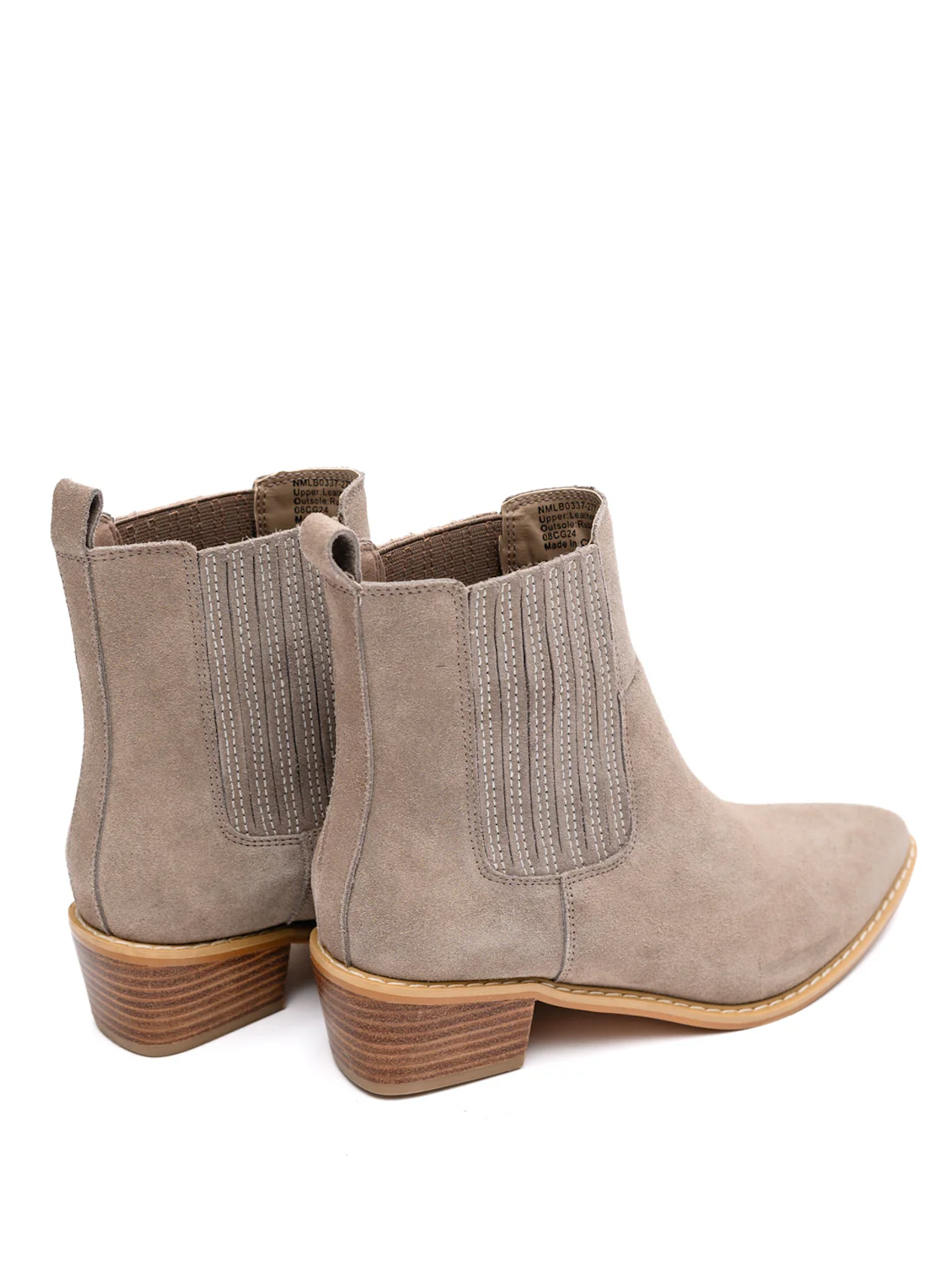 Taupe genuine suede pull on booties by Naughty Monkey.