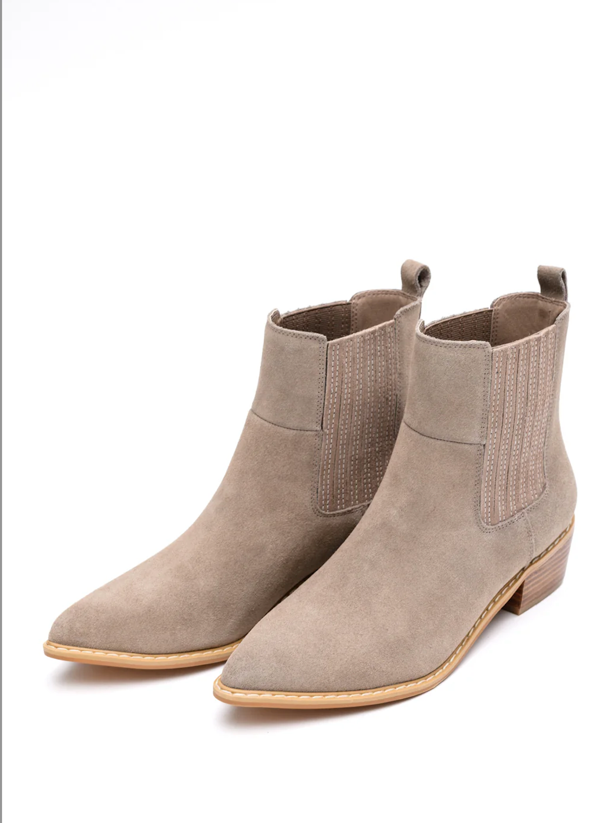 Taupe genuine suede pull on booties by Naughty Monkey.