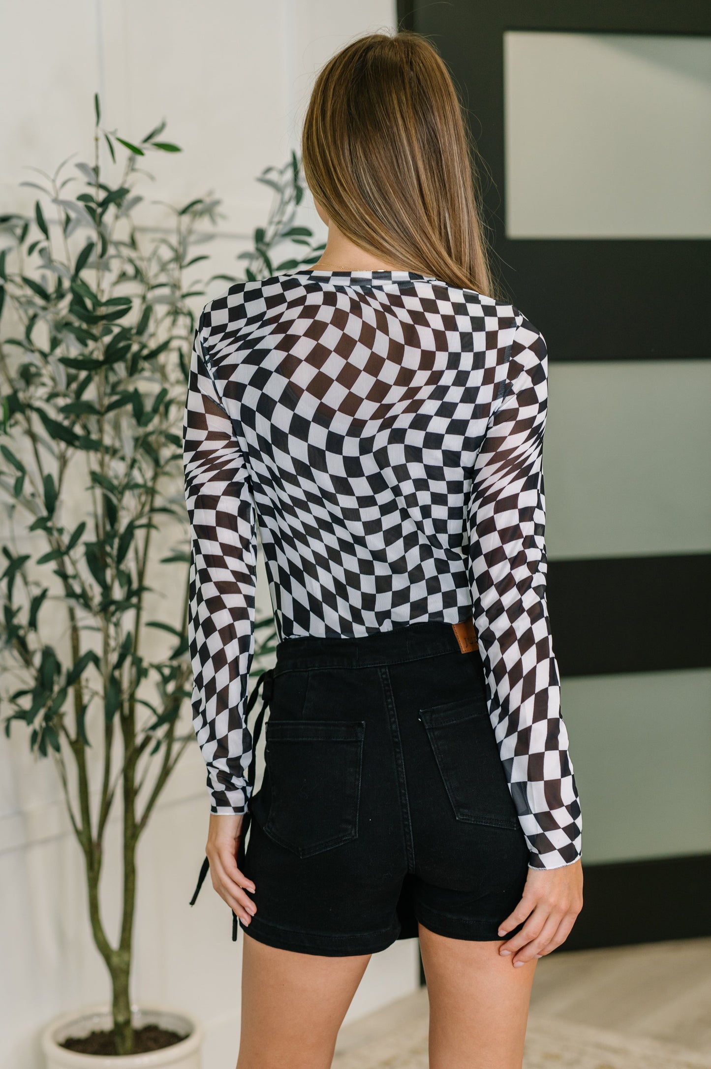 Black, long sleeve sheer checkered shirt