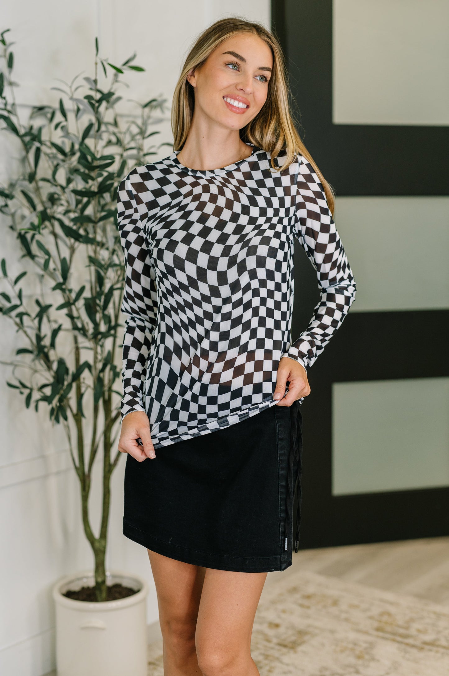 Black, long sleeve sheer checkered shirt